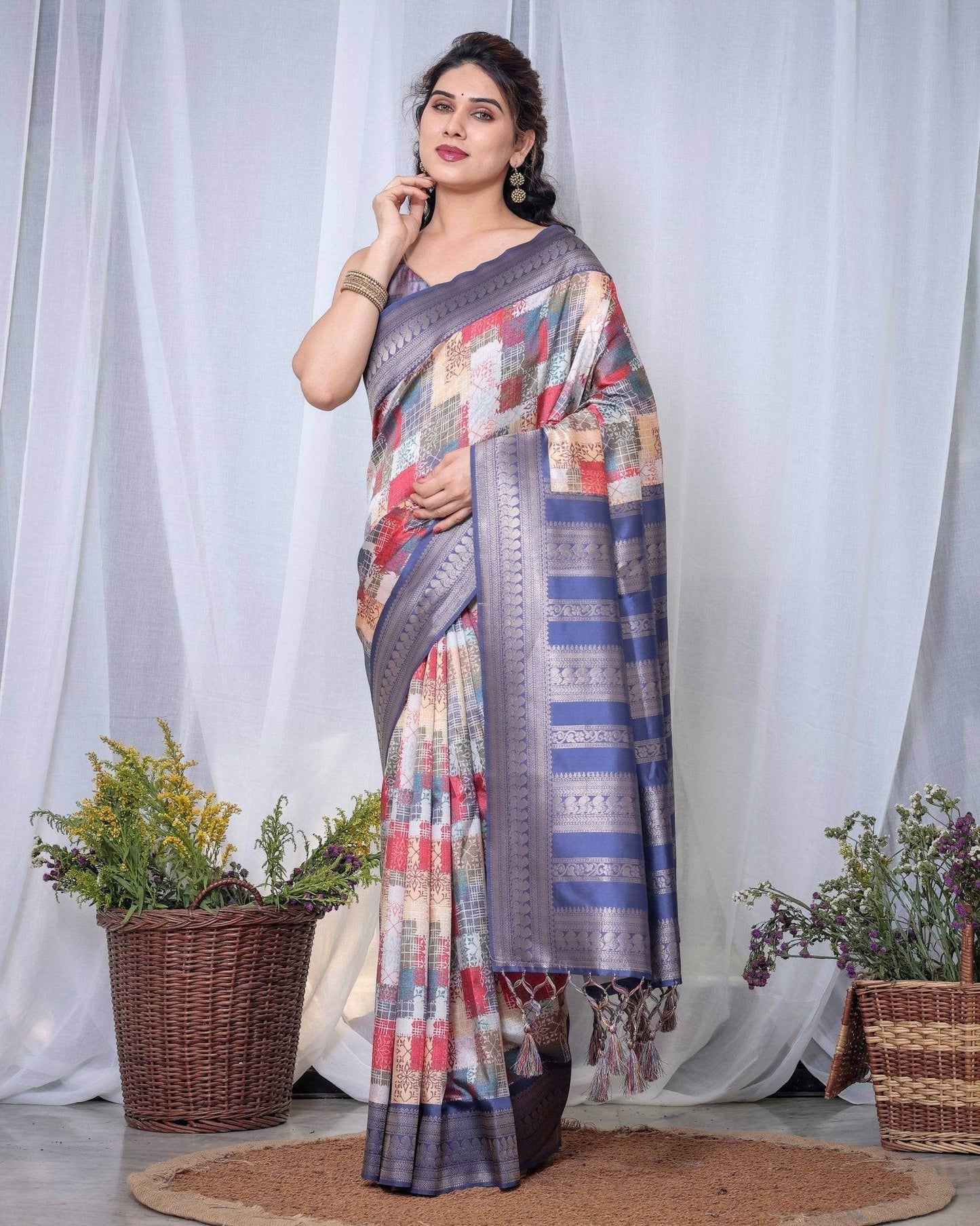 Blue Banarasi Silk Saree with Multicolor Patchwork Digital Print, Zari Border & Tassel Pallu - SEEANS