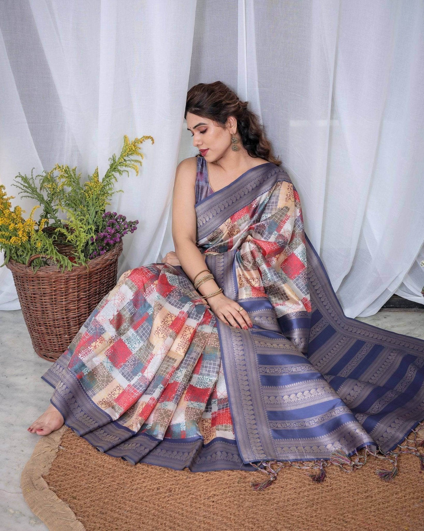 Blue Banarasi Silk Saree with Multicolor Patchwork Digital Print, Zari Border & Tassel Pallu - SEEANS