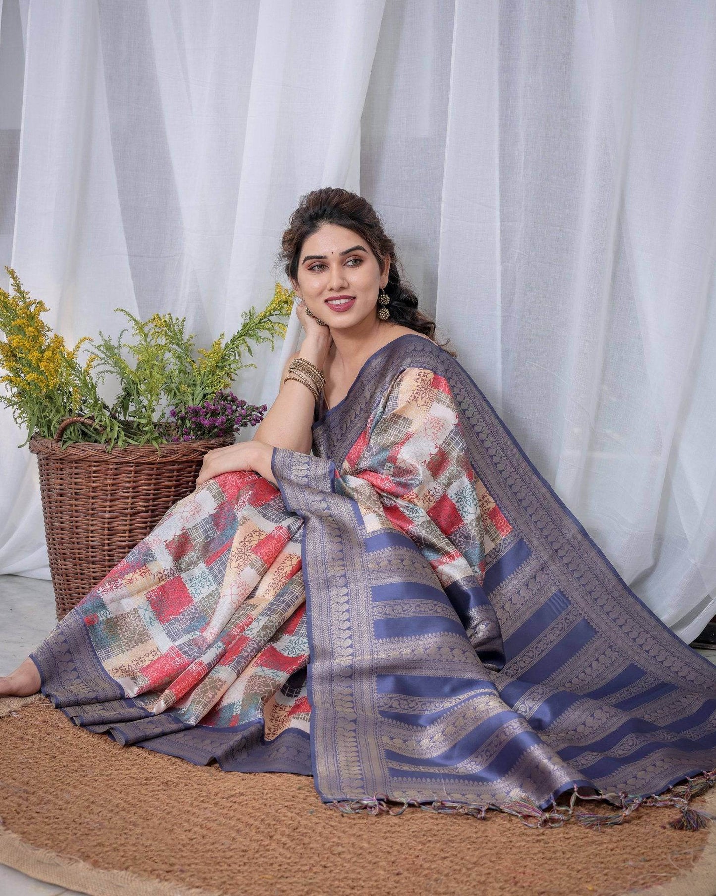 Blue Banarasi Silk Saree with Multicolor Patchwork Digital Print, Zari Border & Tassel Pallu - SEEANS