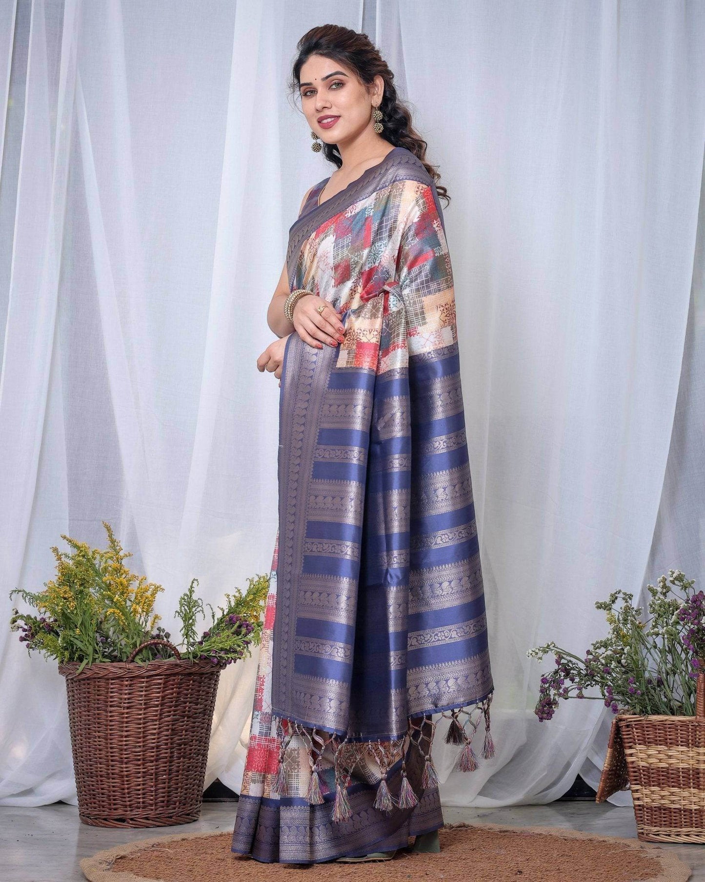 Blue Banarasi Silk Saree with Multicolor Patchwork Digital Print, Zari Border & Tassel Pallu - SEEANS