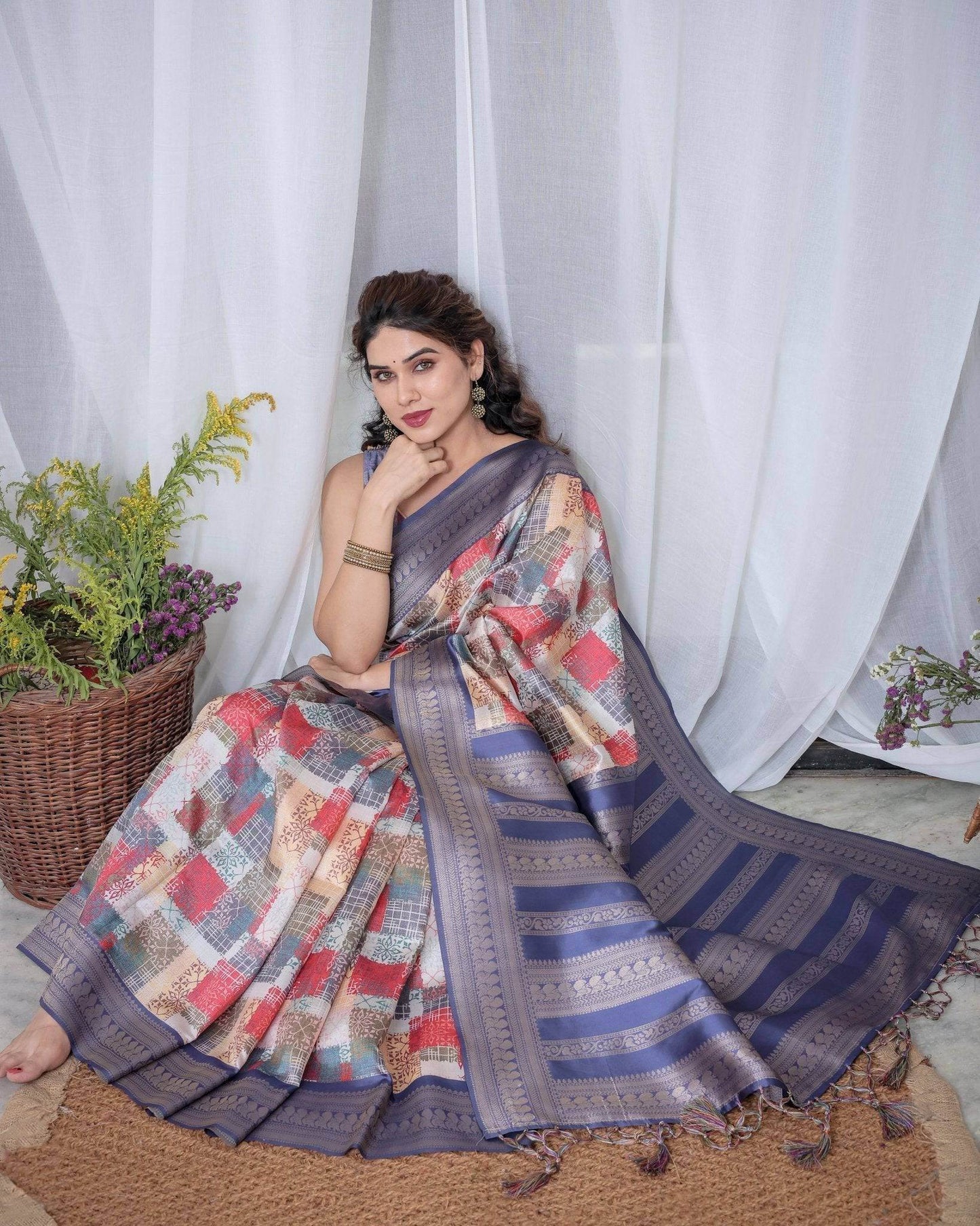 Blue Banarasi Silk Saree with Multicolor Patchwork Digital Print, Zari Border & Tassel Pallu - SEEANS