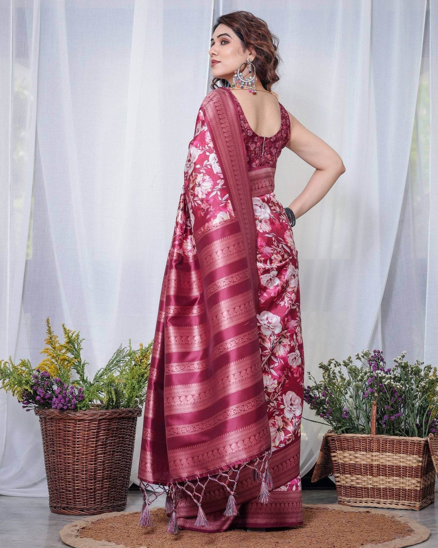 Graceful Maroon Floral Banarasi Silk Saree with Tassels - SEEANS