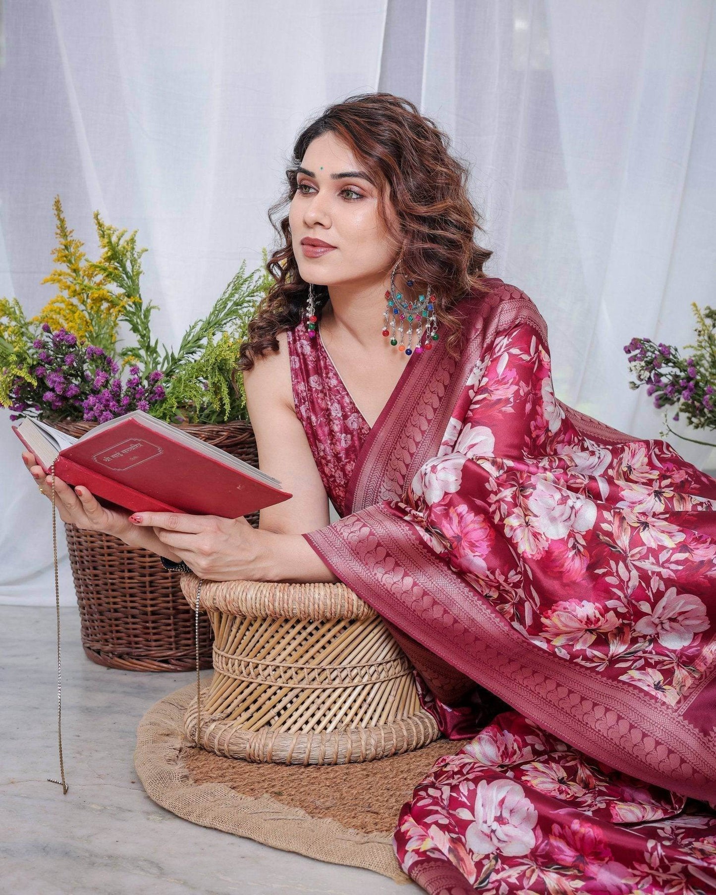 Graceful Maroon Floral Banarasi Silk Saree with Tassels - SEEANS