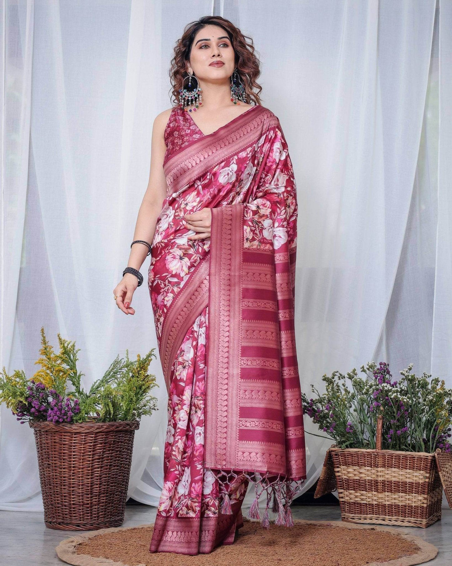 Graceful Maroon Floral Banarasi Silk Saree with Tassels - SEEANS