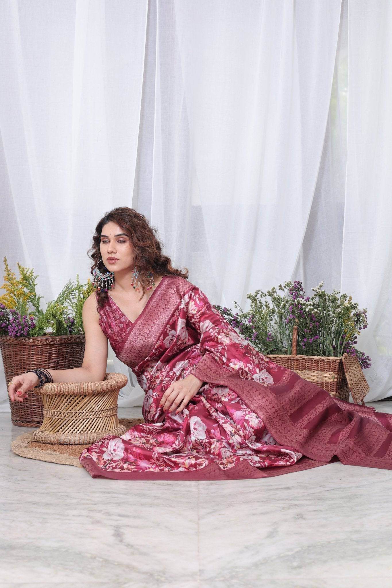 Graceful Maroon Floral Banarasi Silk Saree with Tassels - SEEANS