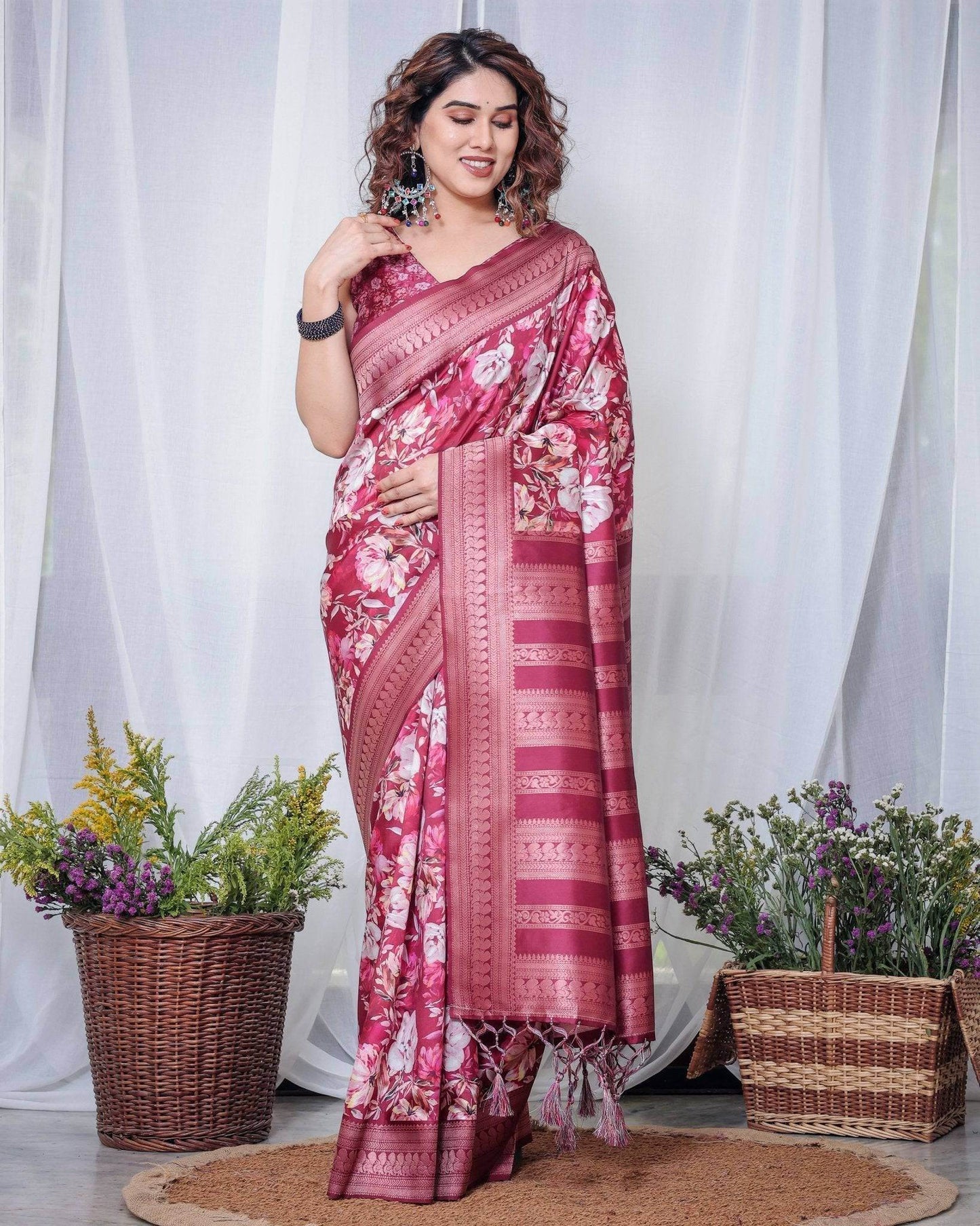Graceful Maroon Floral Banarasi Silk Saree with Tassels - SEEANS