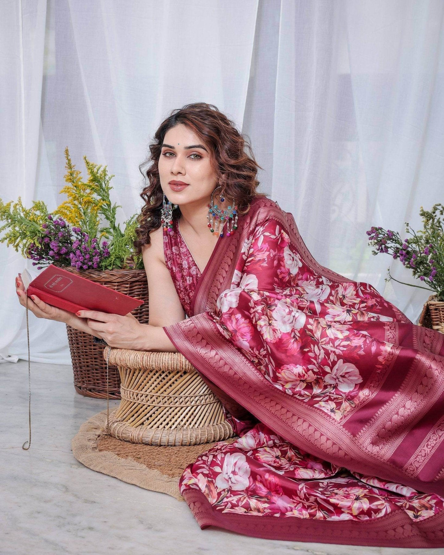 Graceful Maroon Floral Banarasi Silk Saree with Tassels - SEEANS