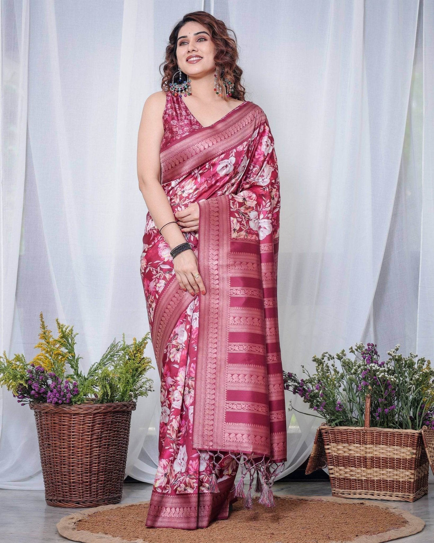 Graceful Maroon Floral Banarasi Silk Saree with Tassels - SEEANS
