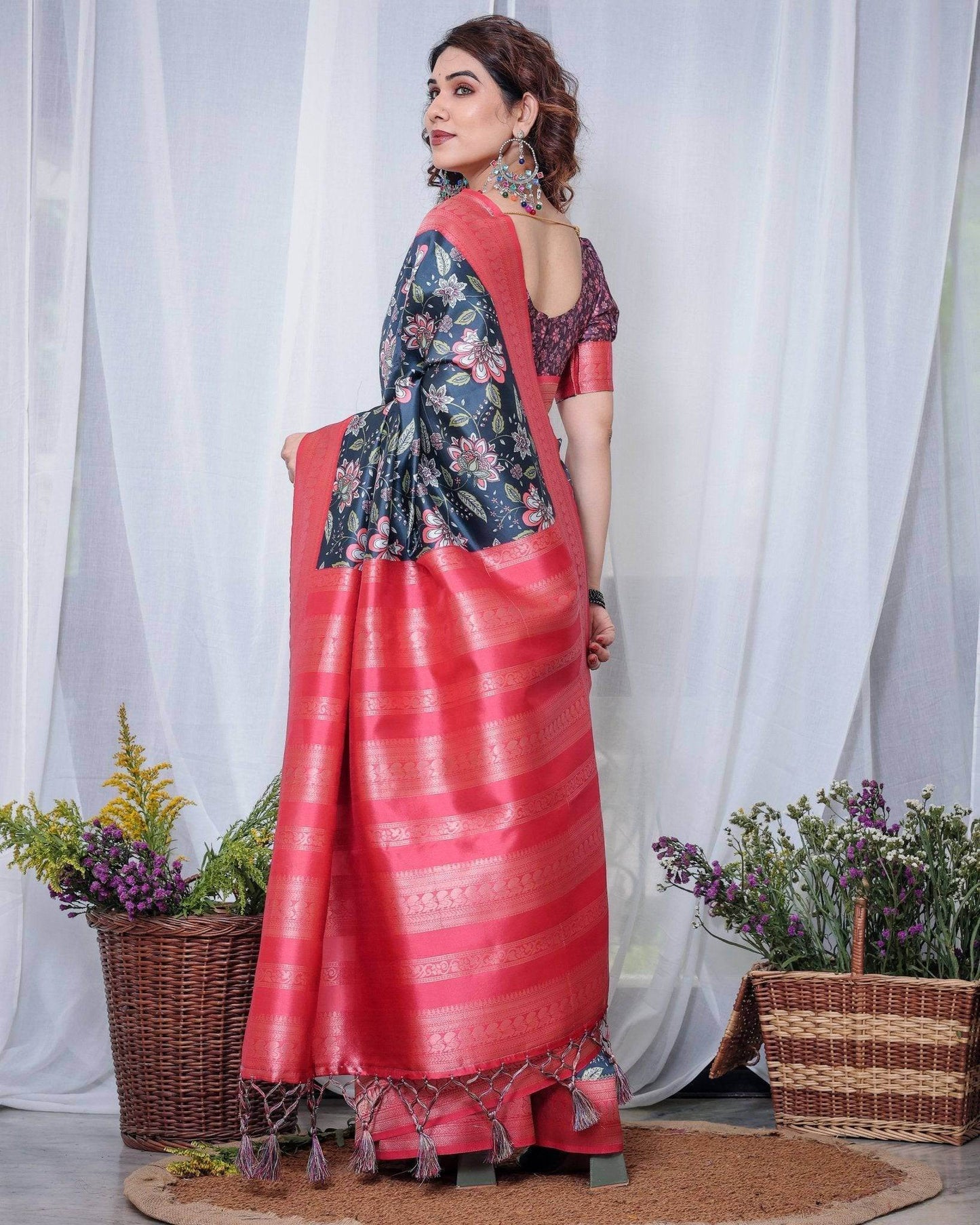 Regal Navy Blue and Pink Floral Banarasi Silk Saree with Tassels - SEEANS