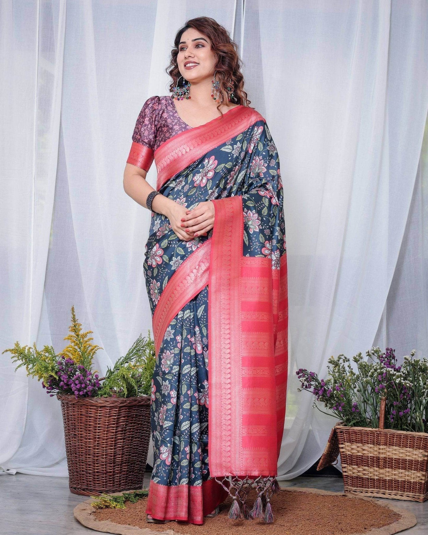 Regal Navy Blue and Pink Floral Banarasi Silk Saree with Tassels - SEEANS
