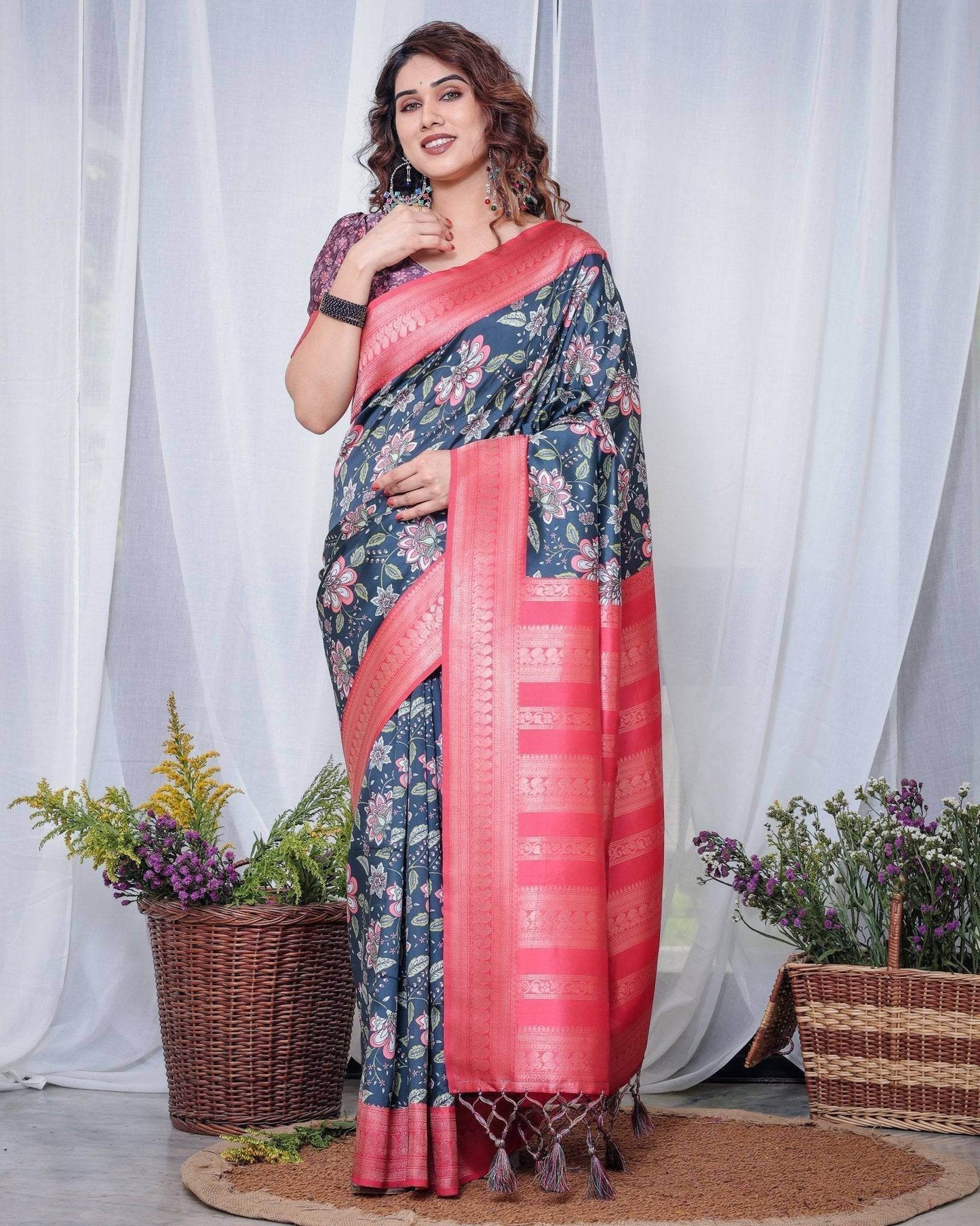 Regal Navy Blue and Pink Floral Banarasi Silk Saree with Tassels - SEEANS