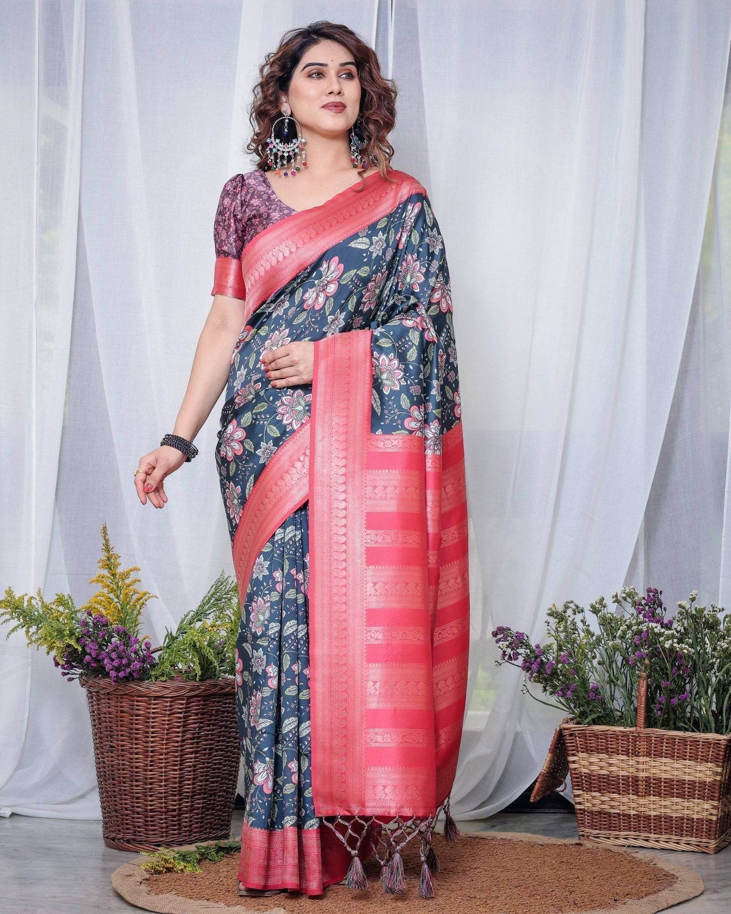 Regal Navy Blue and Pink Floral Banarasi Silk Saree with Tassels - SEEANS
