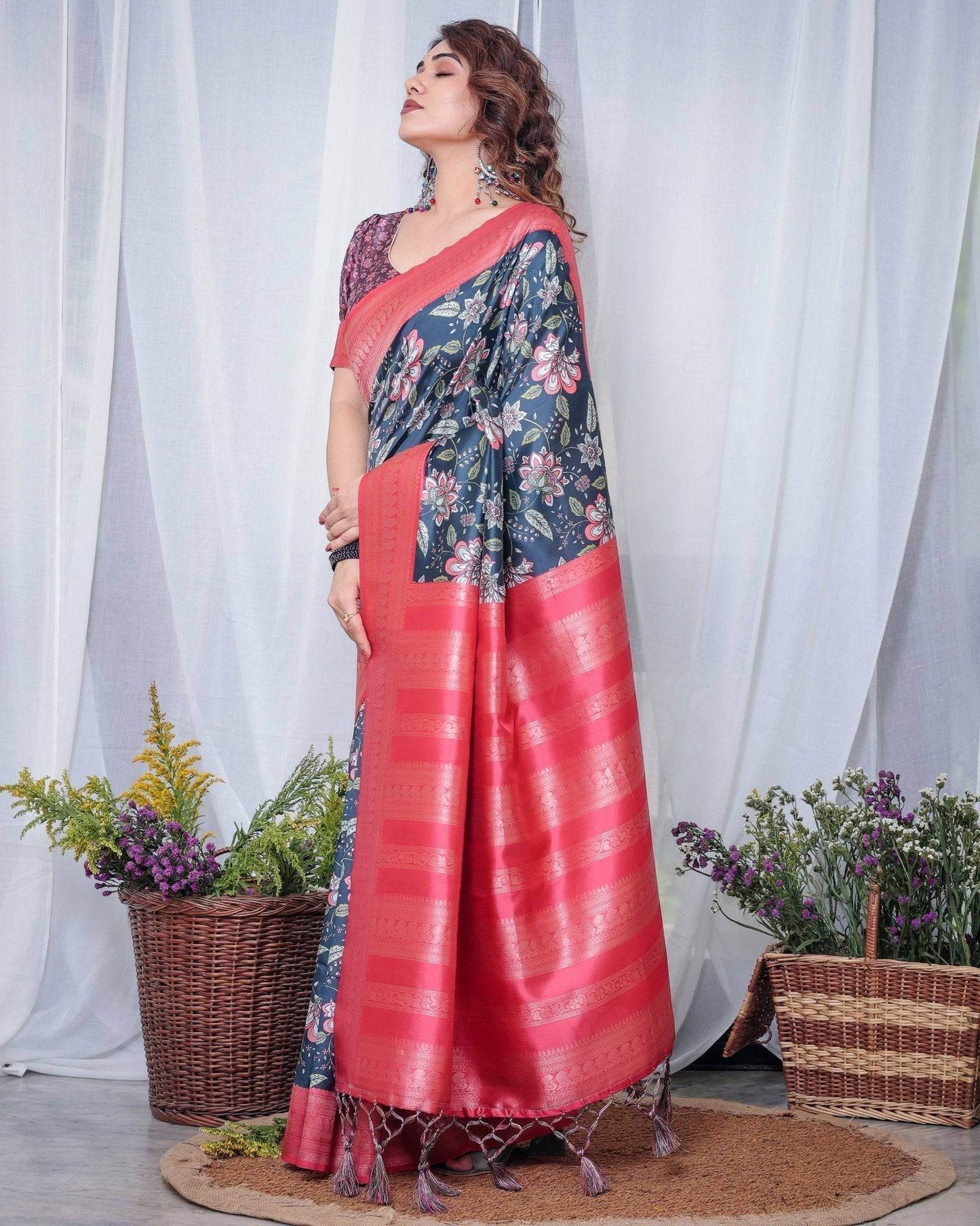 Regal Navy Blue and Pink Floral Banarasi Silk Saree with Tassels - SEEANS