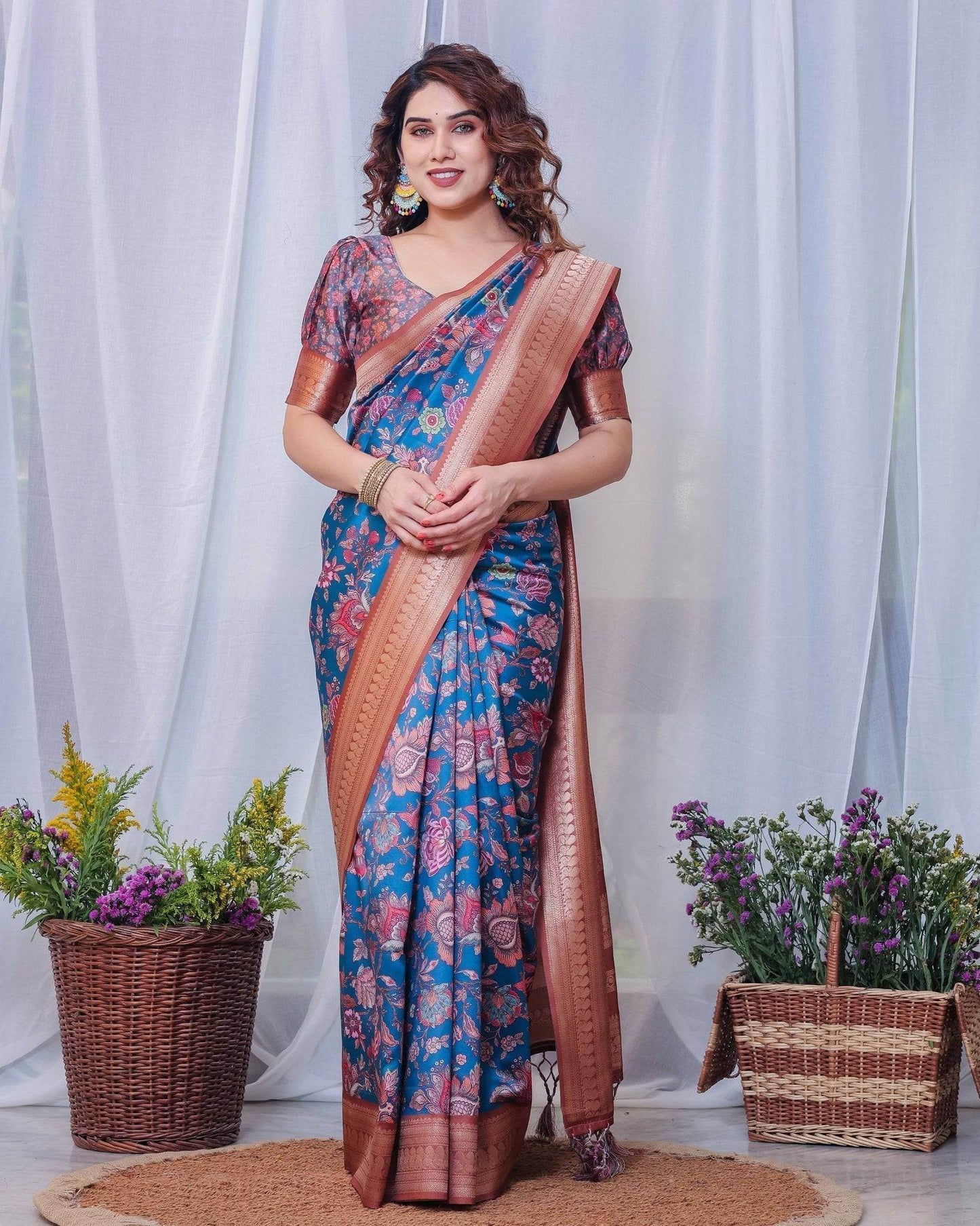 Regal Blue and Copper Zari Digital Print Silk Saree with Tassels - SEEANS