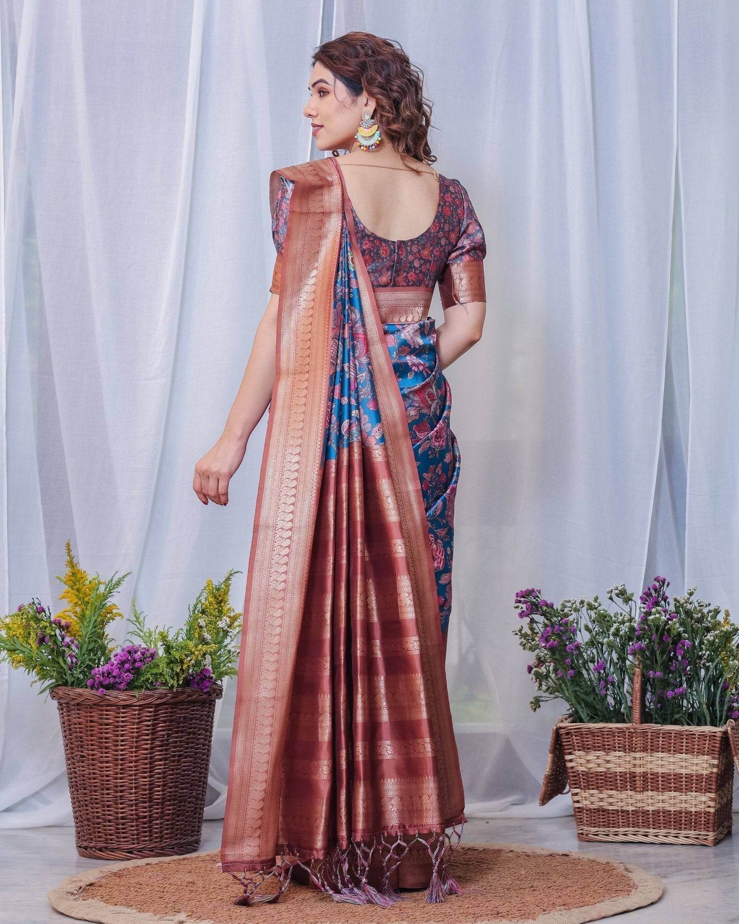 Regal Blue and Copper Zari Digital Print Silk Saree with Tassels - SEEANS