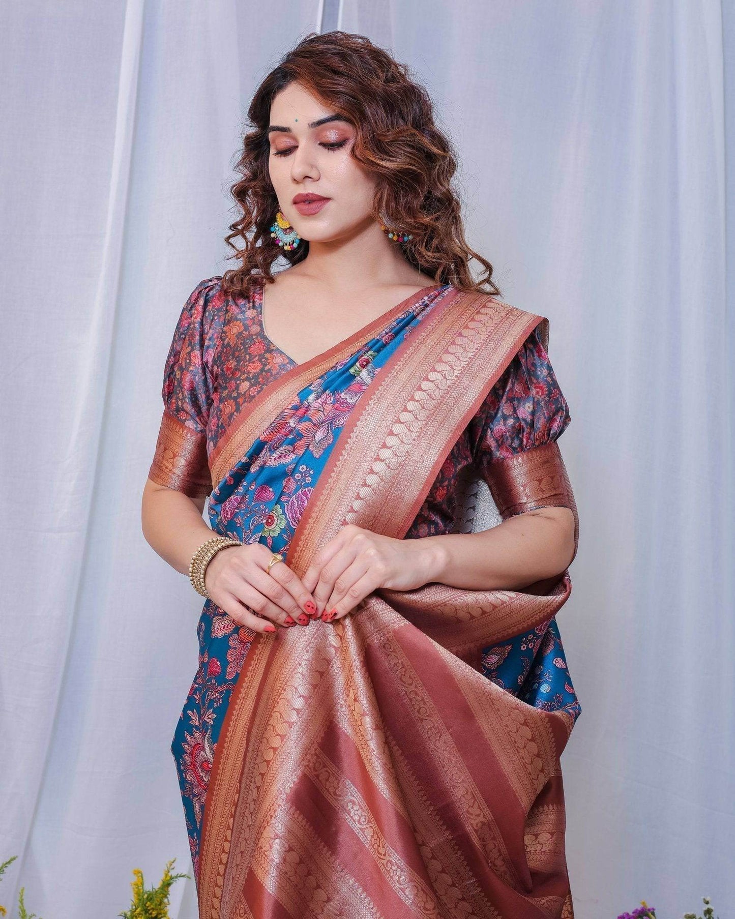 Regal Blue and Copper Zari Digital Print Silk Saree with Tassels - SEEANS