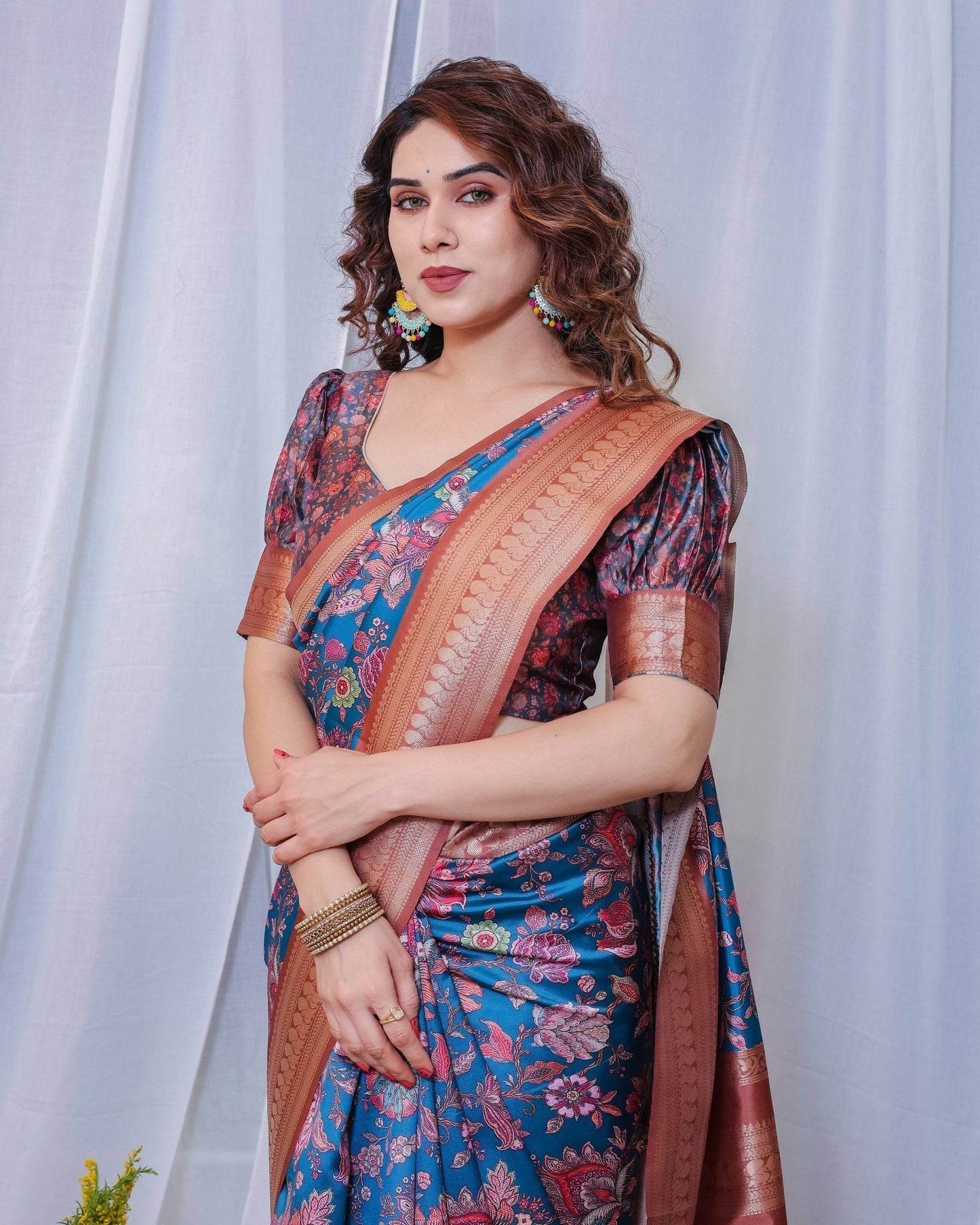 Regal Blue and Copper Zari Digital Print Silk Saree with Tassels - SEEANS