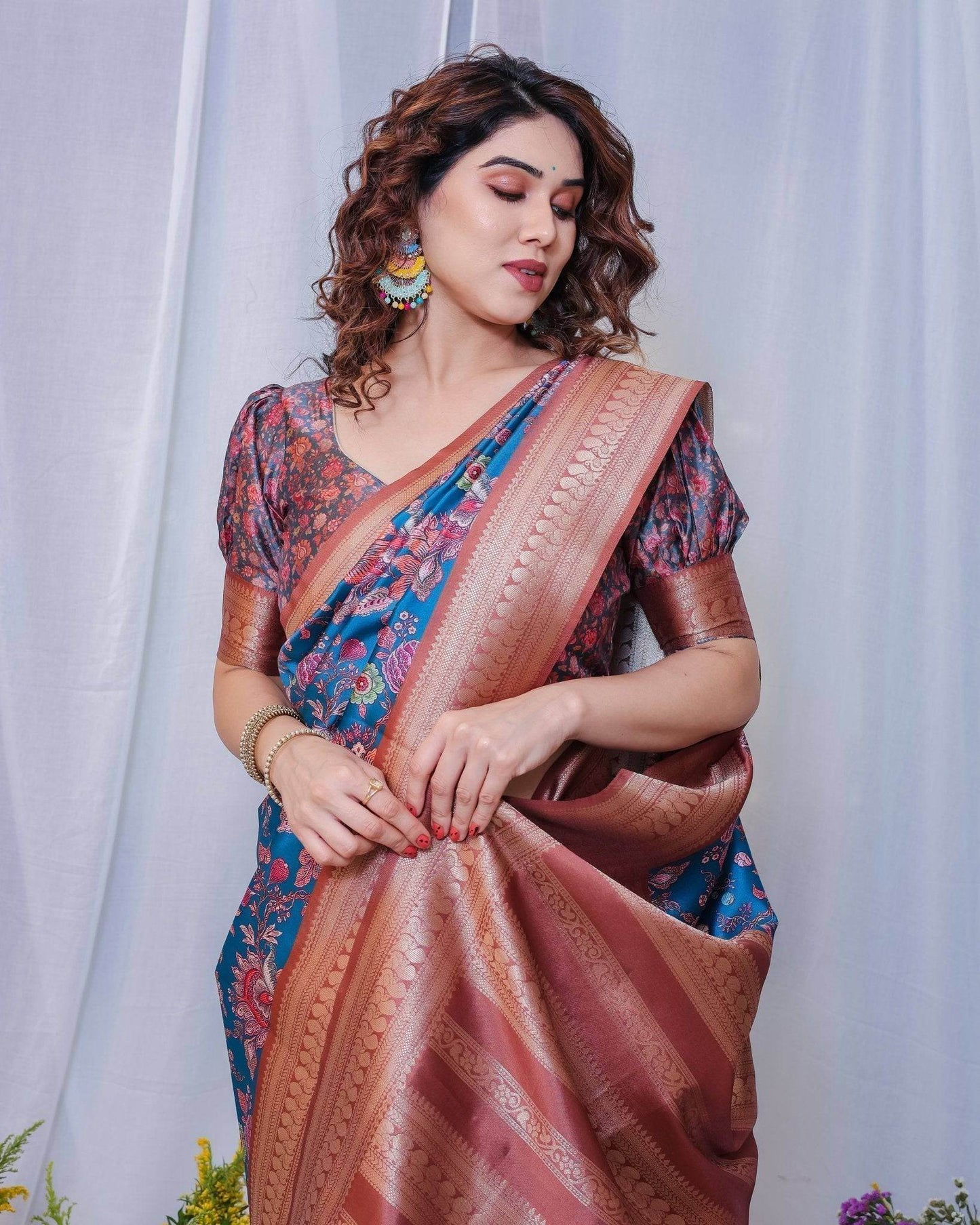 Regal Blue and Copper Zari Digital Print Silk Saree with Tassels - SEEANS