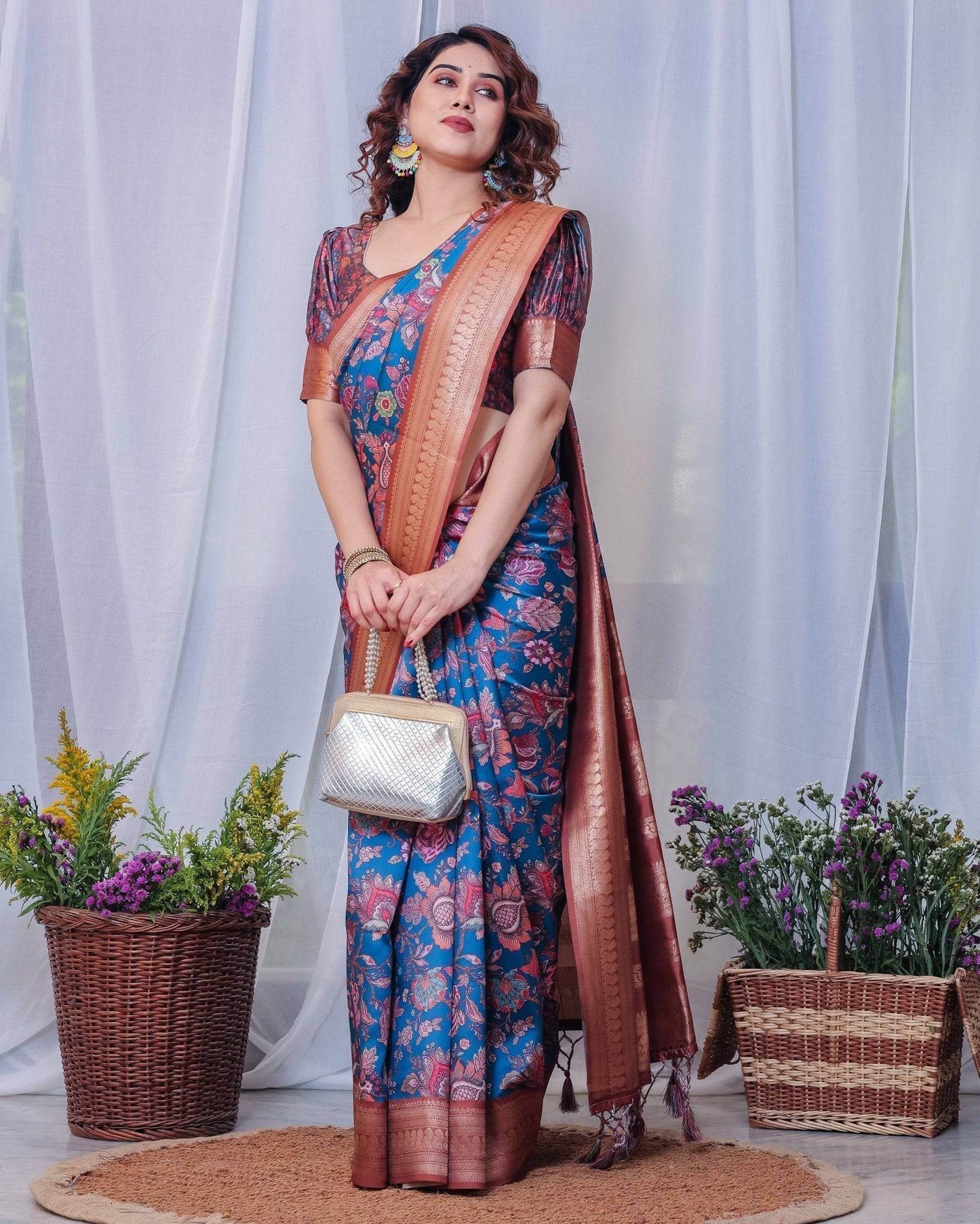 Regal Blue and Copper Zari Digital Print Silk Saree with Tassels - SEEANS