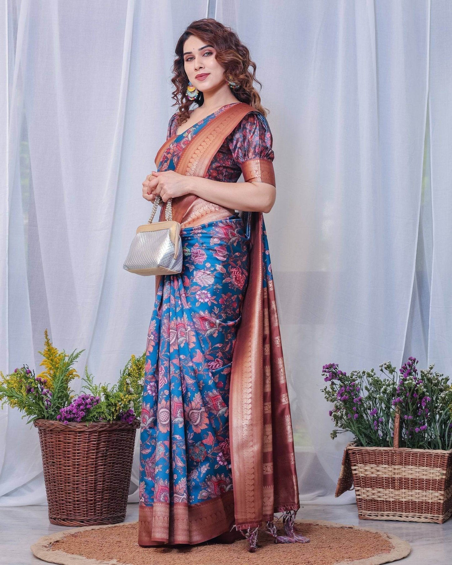 Regal Blue and Copper Zari Digital Print Silk Saree with Tassels - SEEANS