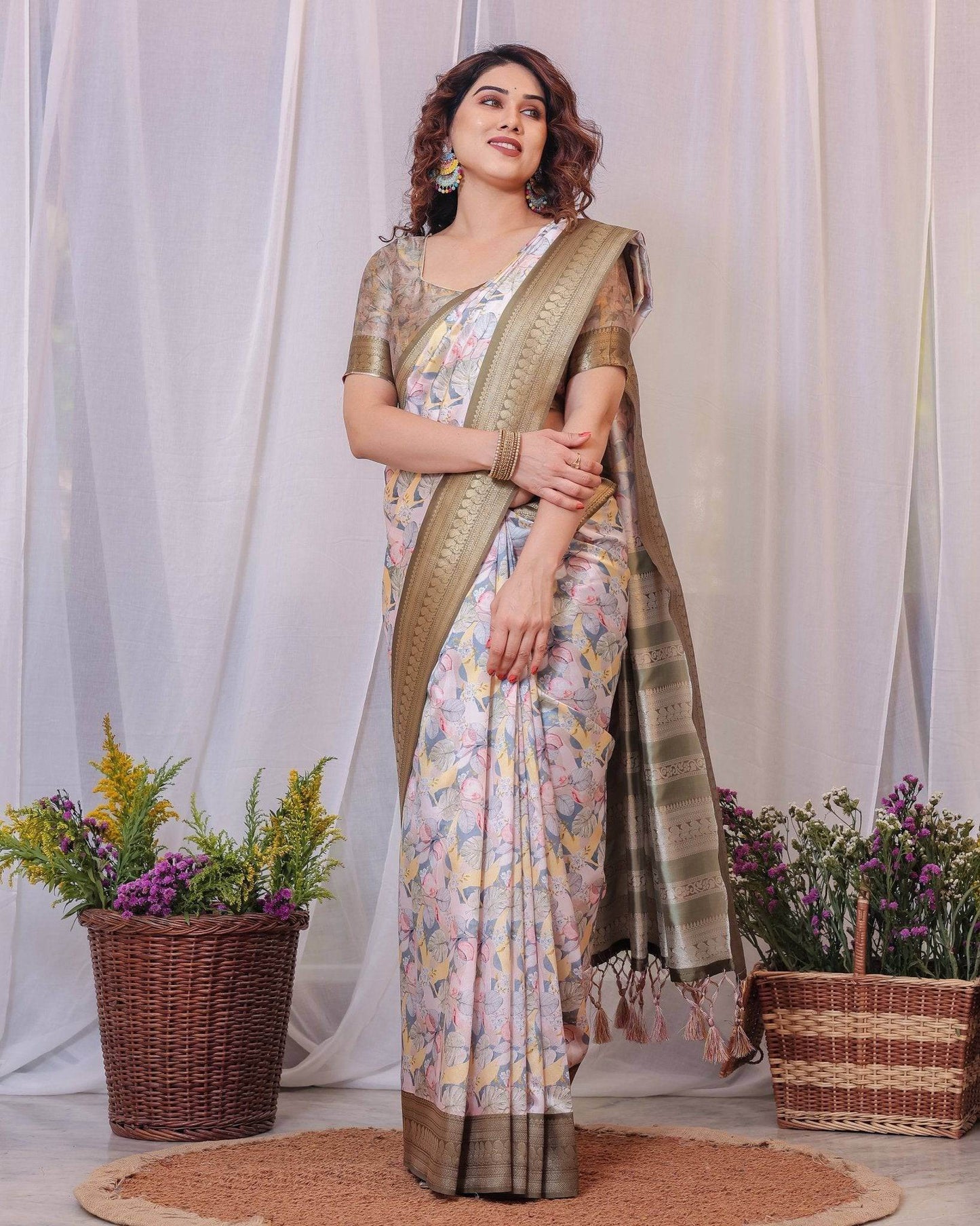 Sophisticated White and Olive Floral Digital Print Silk Saree with Zari Tassels - SEEANS