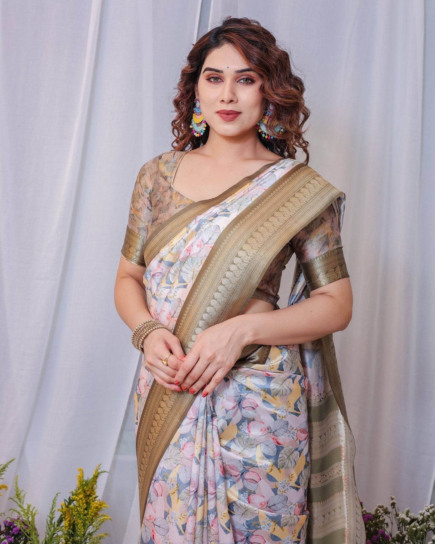 Sophisticated White and Olive Floral Digital Print Silk Saree with Zari Tassels - SEEANS