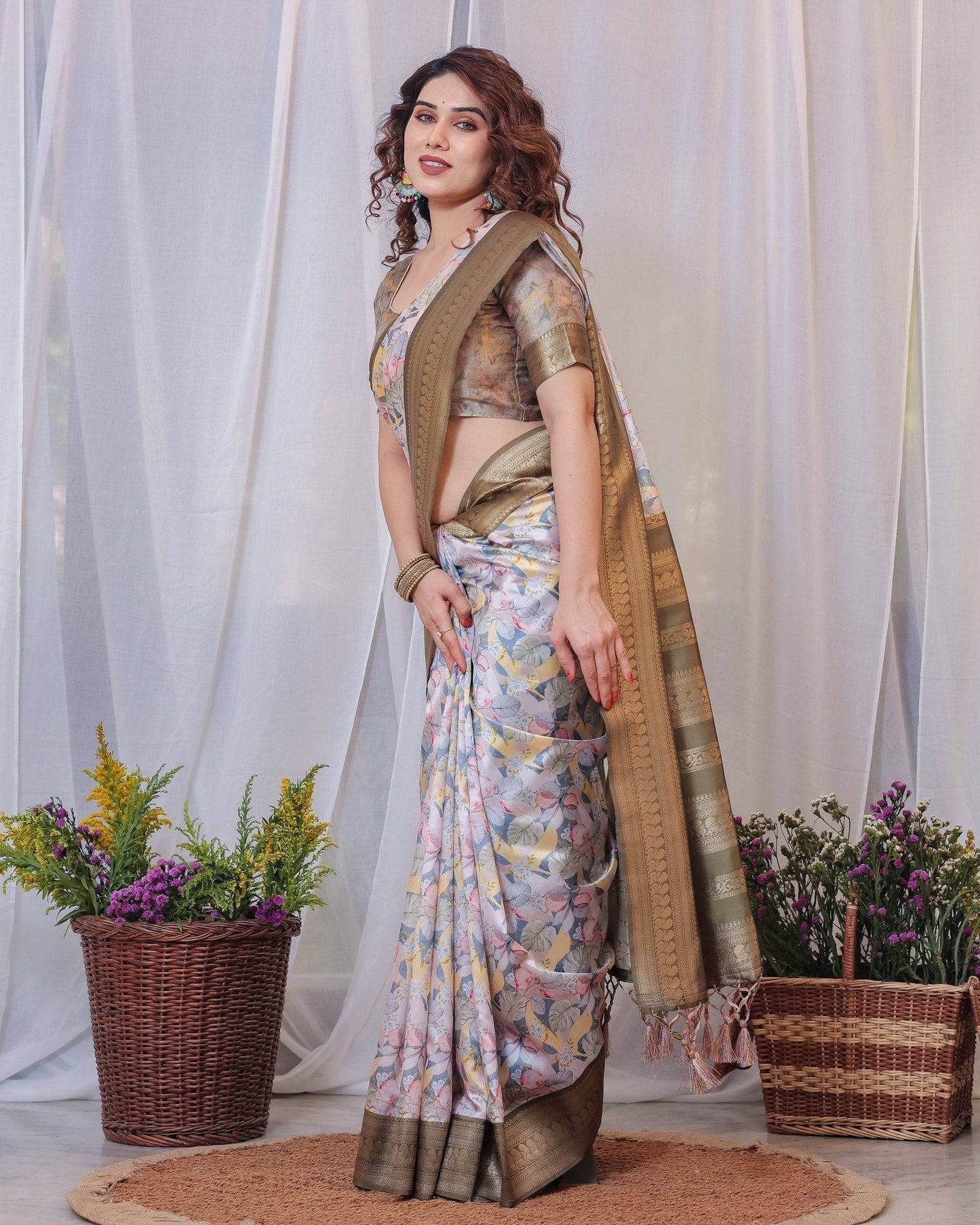 Sophisticated White and Olive Floral Digital Print Silk Saree with Zari Tassels - SEEANS