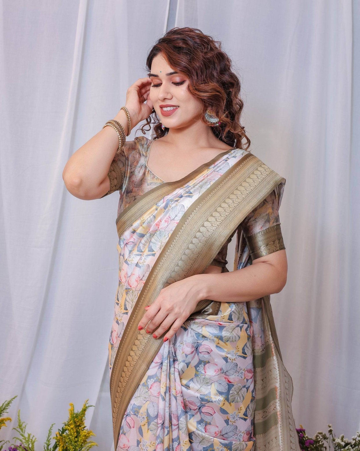 Sophisticated White and Olive Floral Digital Print Silk Saree with Zari Tassels - SEEANS