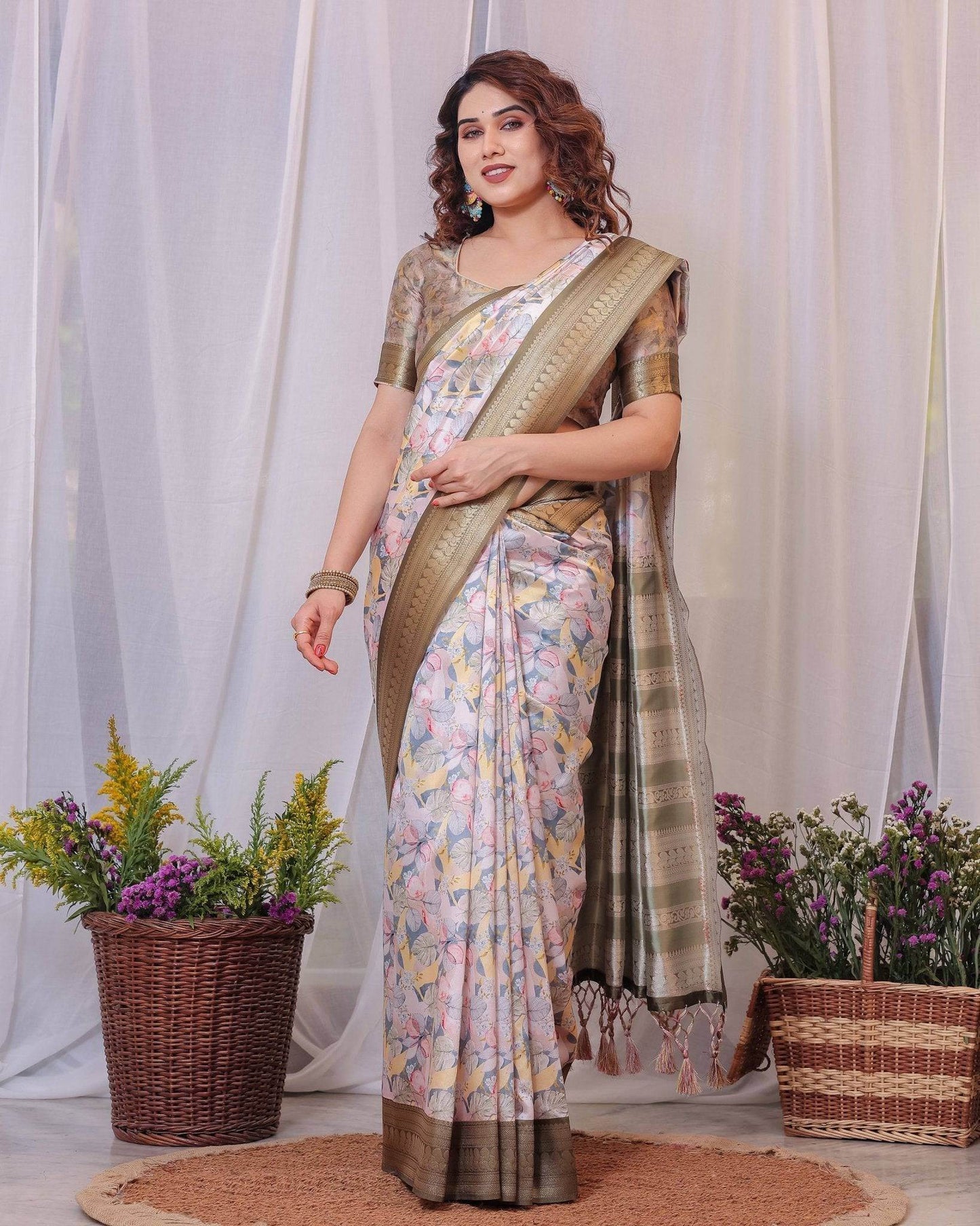 Sophisticated White and Olive Floral Digital Print Silk Saree with Zari Tassels - SEEANS