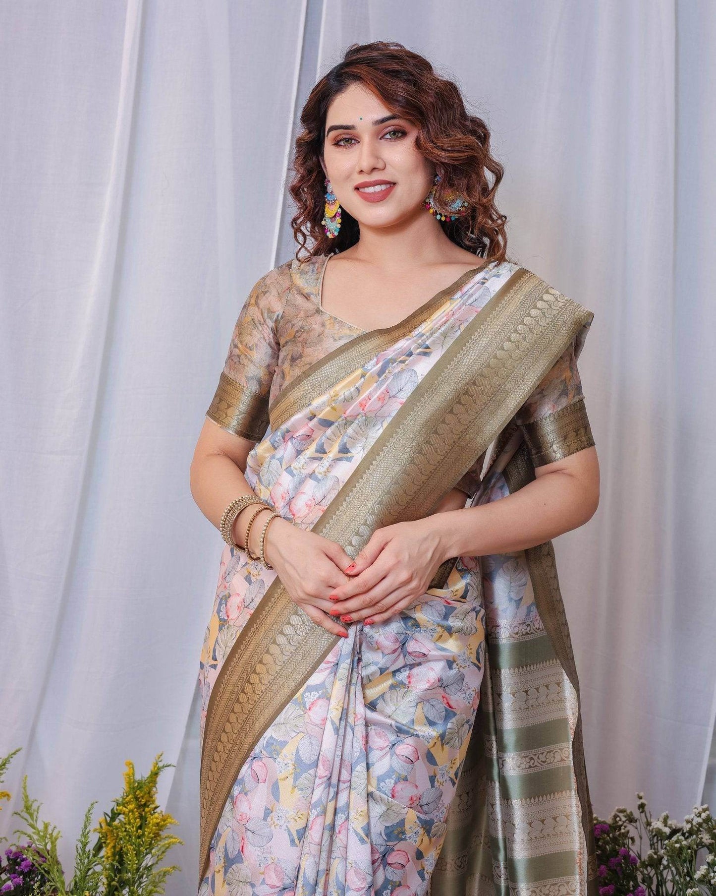 Sophisticated White and Olive Floral Digital Print Silk Saree with Zari Tassels - SEEANS