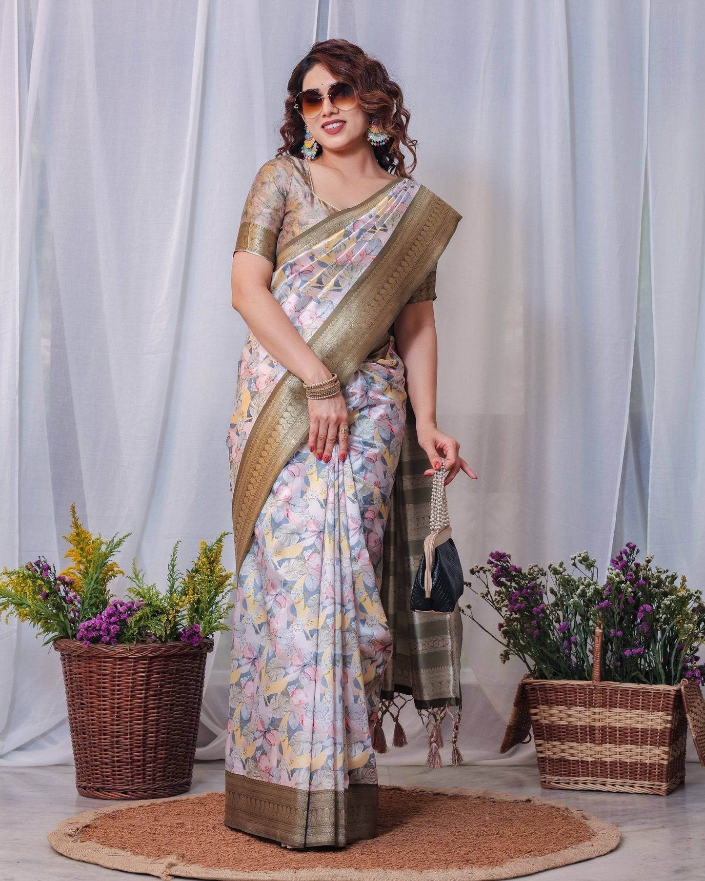 Sophisticated White and Olive Floral Digital Print Silk Saree with Zari Tassels - SEEANS