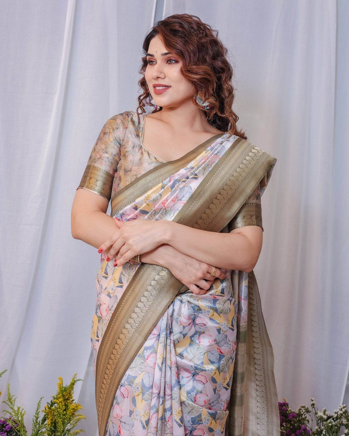 Sophisticated White and Olive Floral Digital Print Silk Saree with Zari Tassels - SEEANS