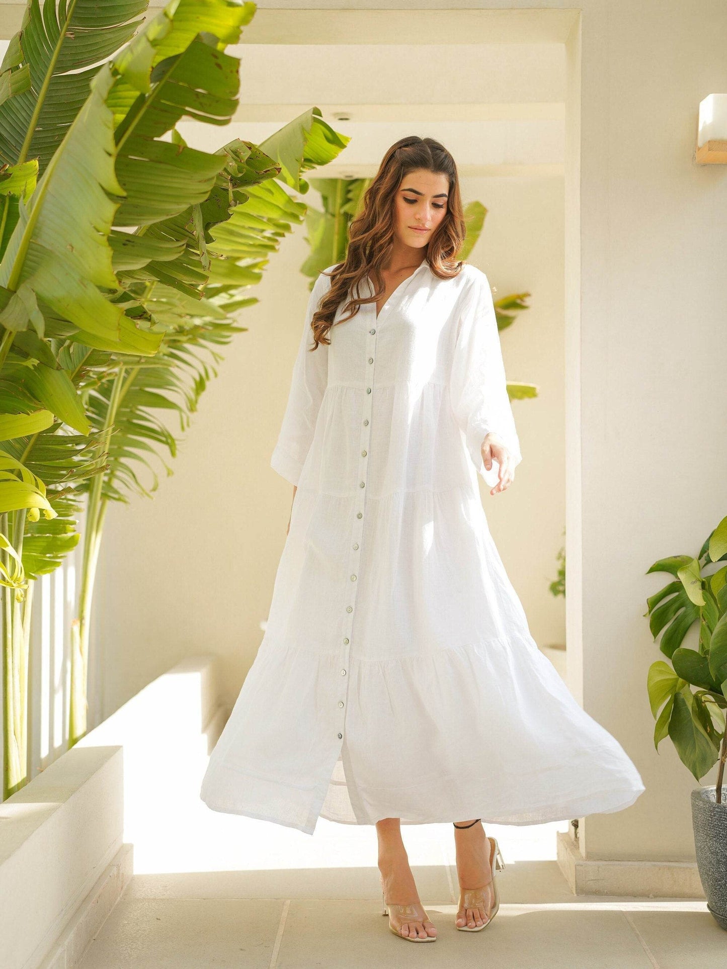 Stylish Solid White Linen Blend Western Maxi Dress - SEEANS