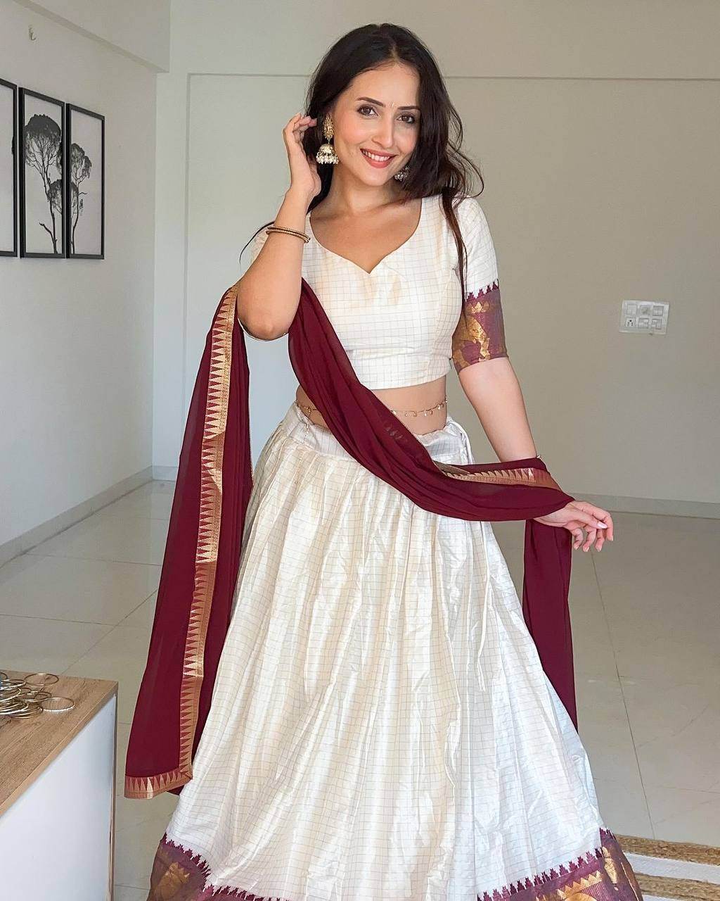 SEEANS White Silk Lehenga Choli with Georgette Dupatta - SEEANS