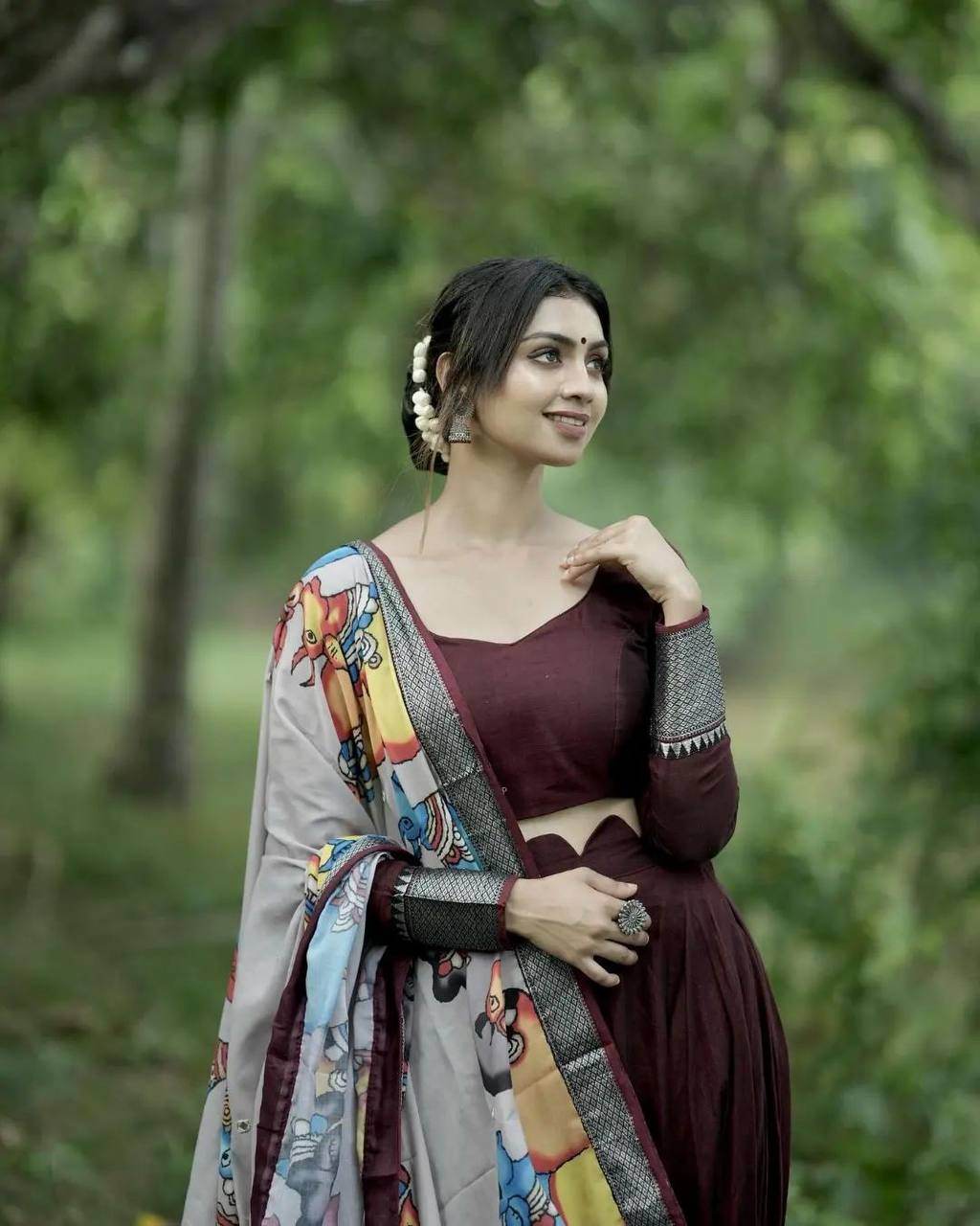 Kalamkari Lehenga Choli - Chinon Fabric, Heavy Weaving Work - SEEANS