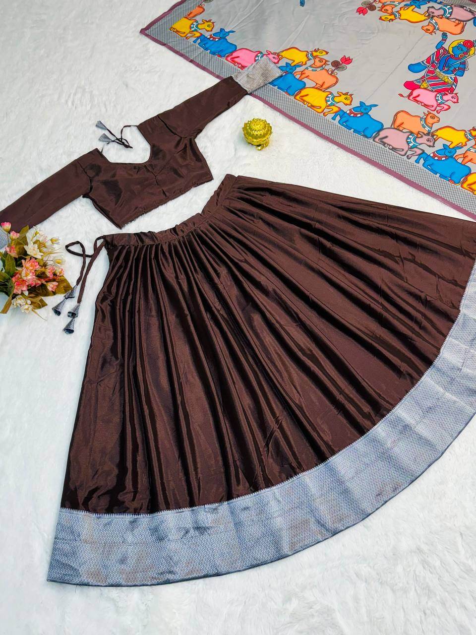 Kalamkari Lehenga Choli - Chinon Fabric, Heavy Weaving Work - SEEANS