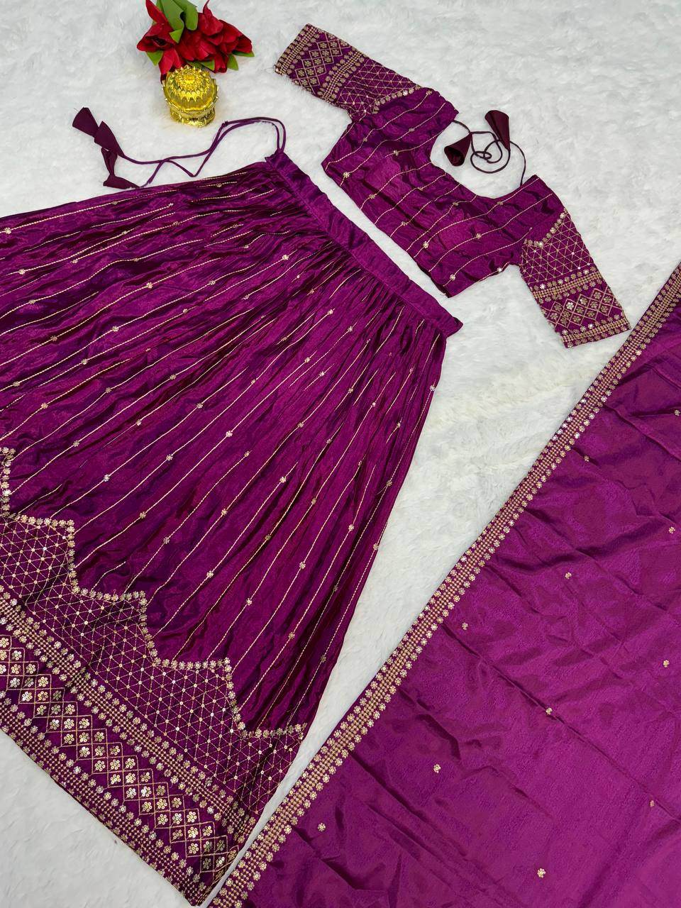 Designer Chinon Embroidered Lehenga Choli with Dupatta | Fully Stitched - SEEANS