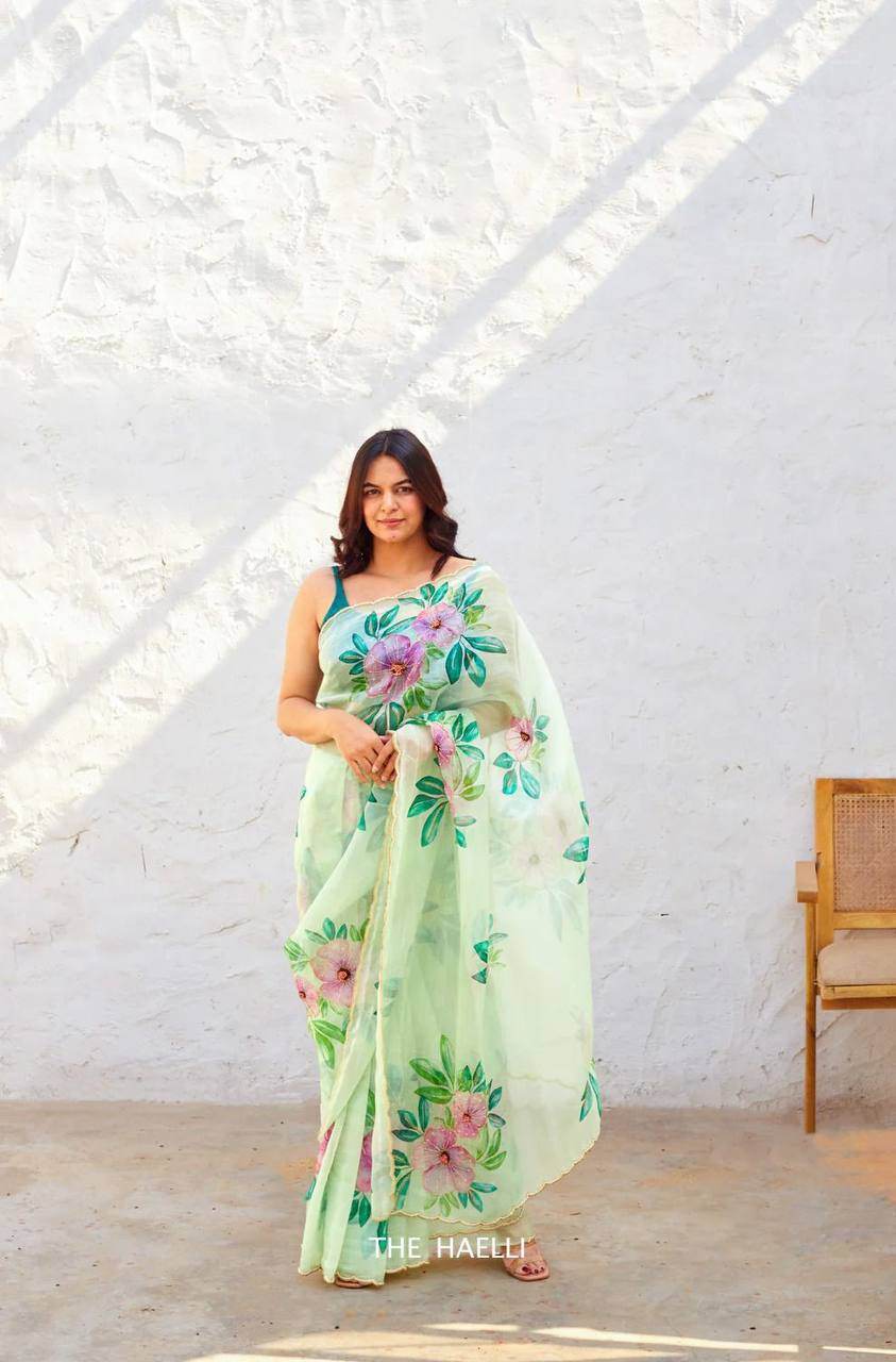 Pastel Green Organza Saree with Handpainted & Handwork Floral Design - SEEANS