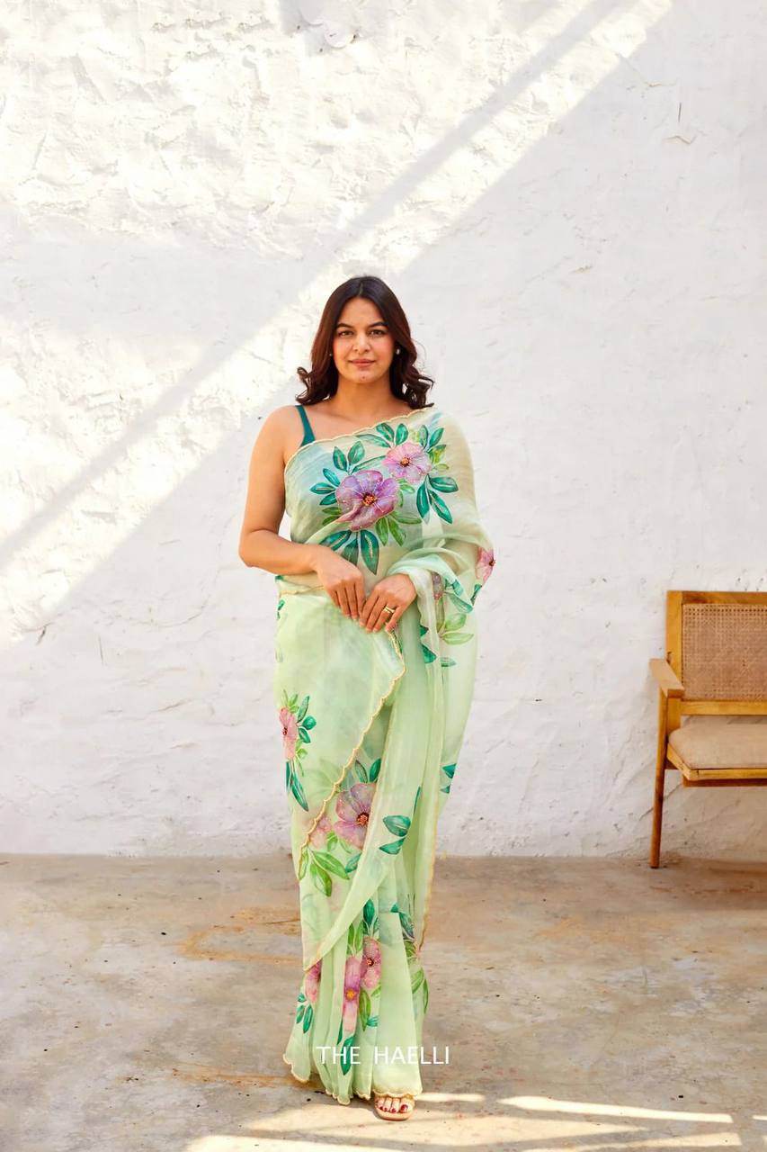 Pastel Green Organza Saree with Handpainted & Handwork Floral Design - SEEANS