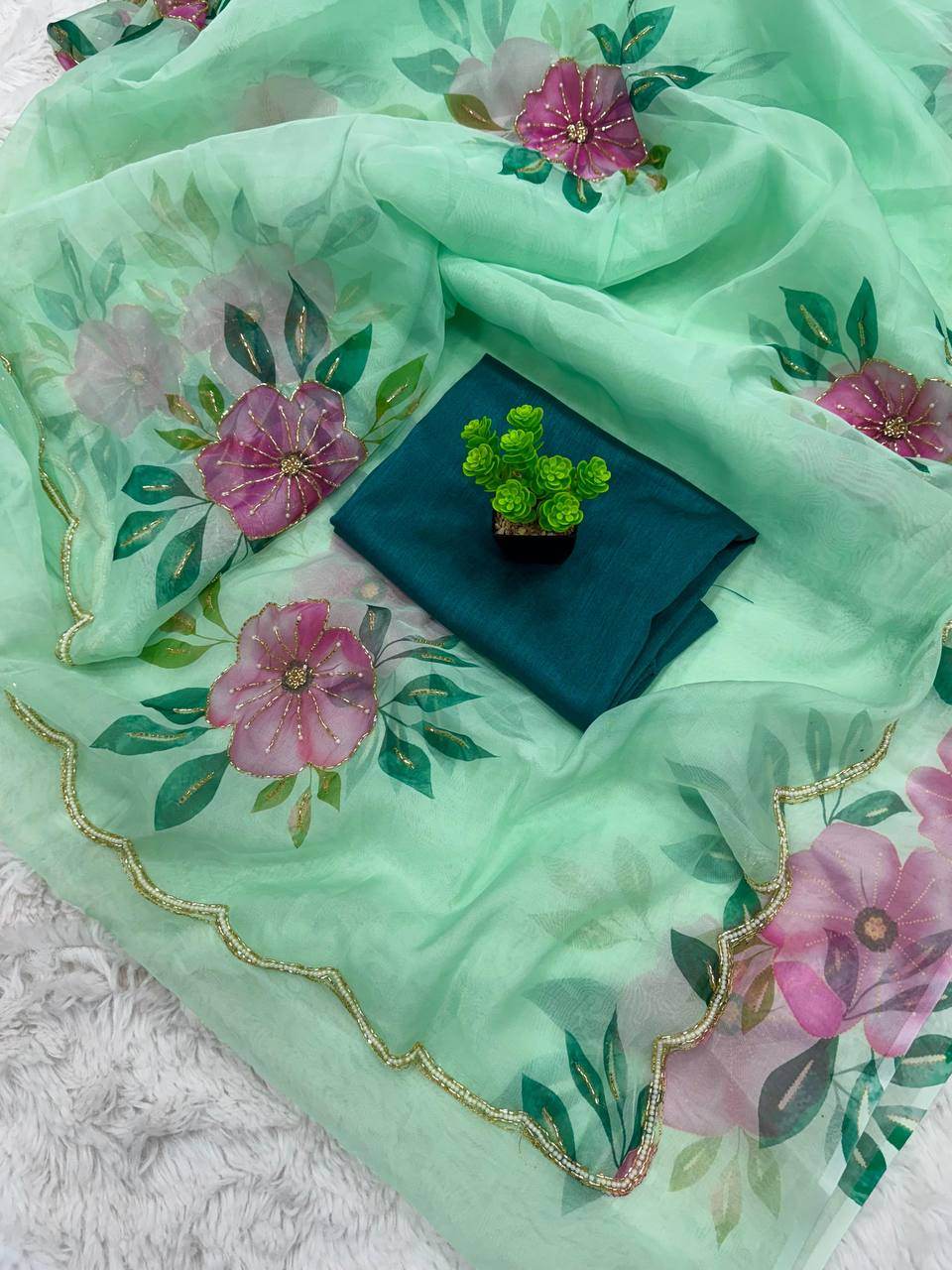 Pastel Green Organza Saree with Handpainted & Handwork Floral Design - SEEANS