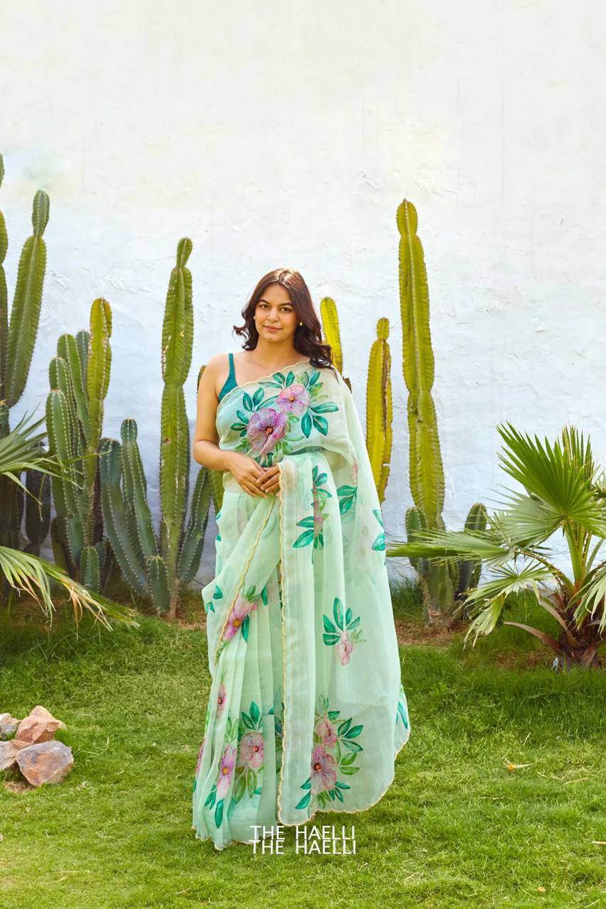 Pastel Green Organza Saree with Handpainted & Handwork Floral Design - SEEANS