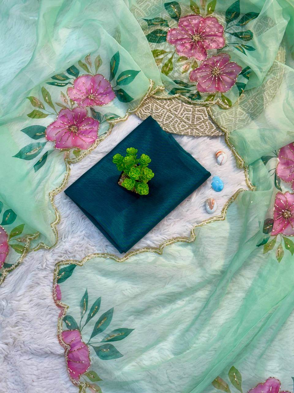 Pastel Green Organza Saree with Handpainted & Handwork Floral Design - SEEANS