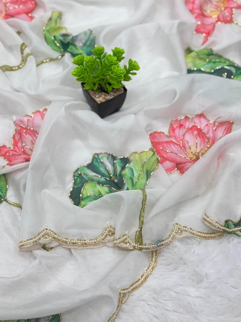 Graceful TB Organza Saree with Khatli Work & Lace Border - SEEANS