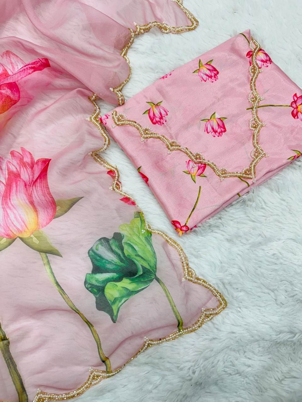 Traditional TB Organza Khatli Work Saree | Embroidery Lace Border and Unstitched Blouse - SEEANS