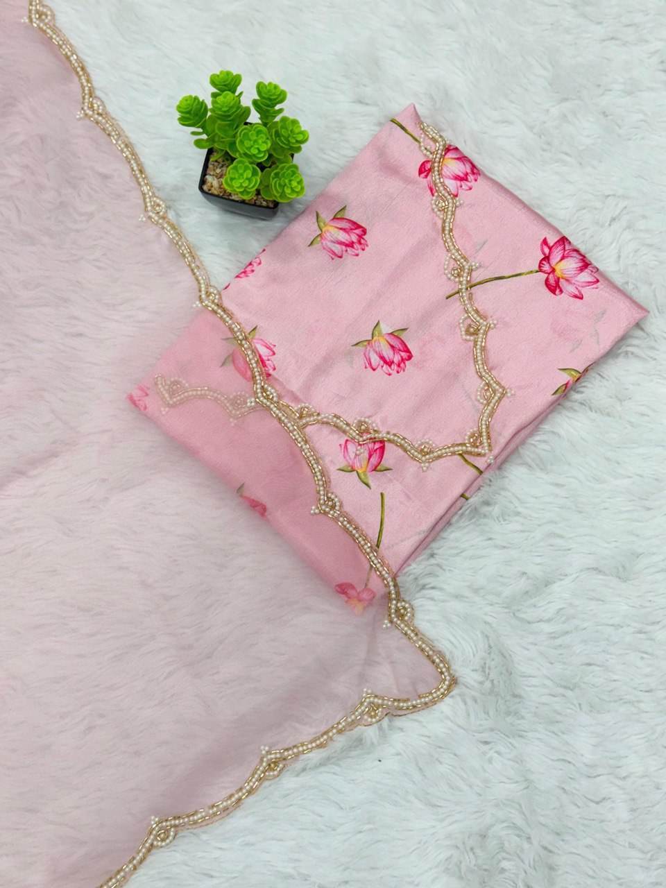 Traditional TB Organza Khatli Work Saree | Embroidery Lace Border and Unstitched Blouse - SEEANS