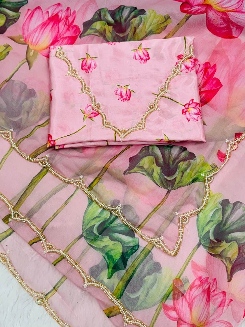 Traditional TB Organza Khatli Work Saree | Embroidery Lace Border and Unstitched Blouse - SEEANS
