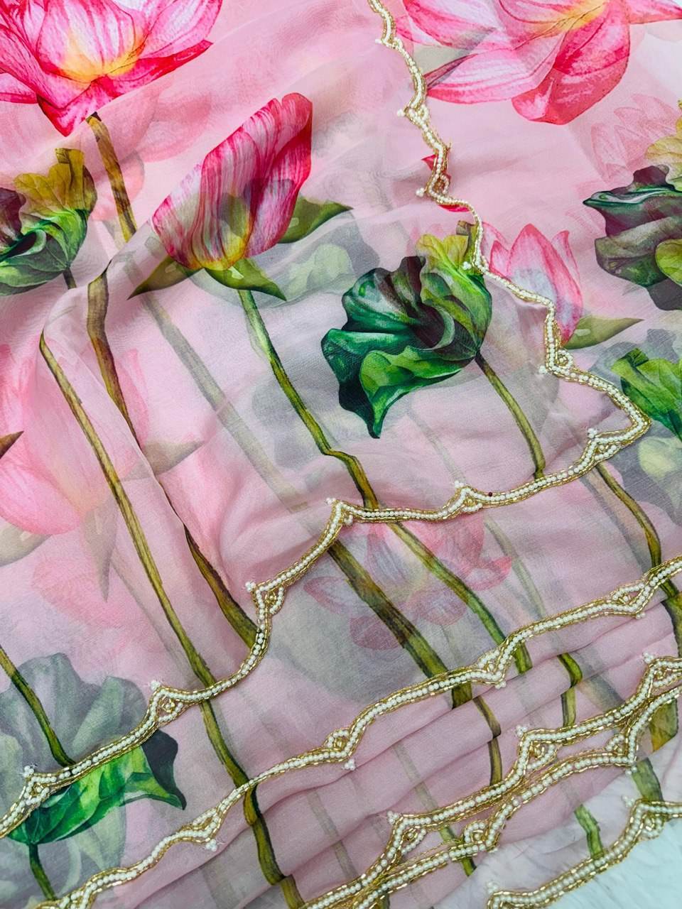 Traditional TB Organza Khatli Work Saree | Embroidery Lace Border and Unstitched Blouse - SEEANS