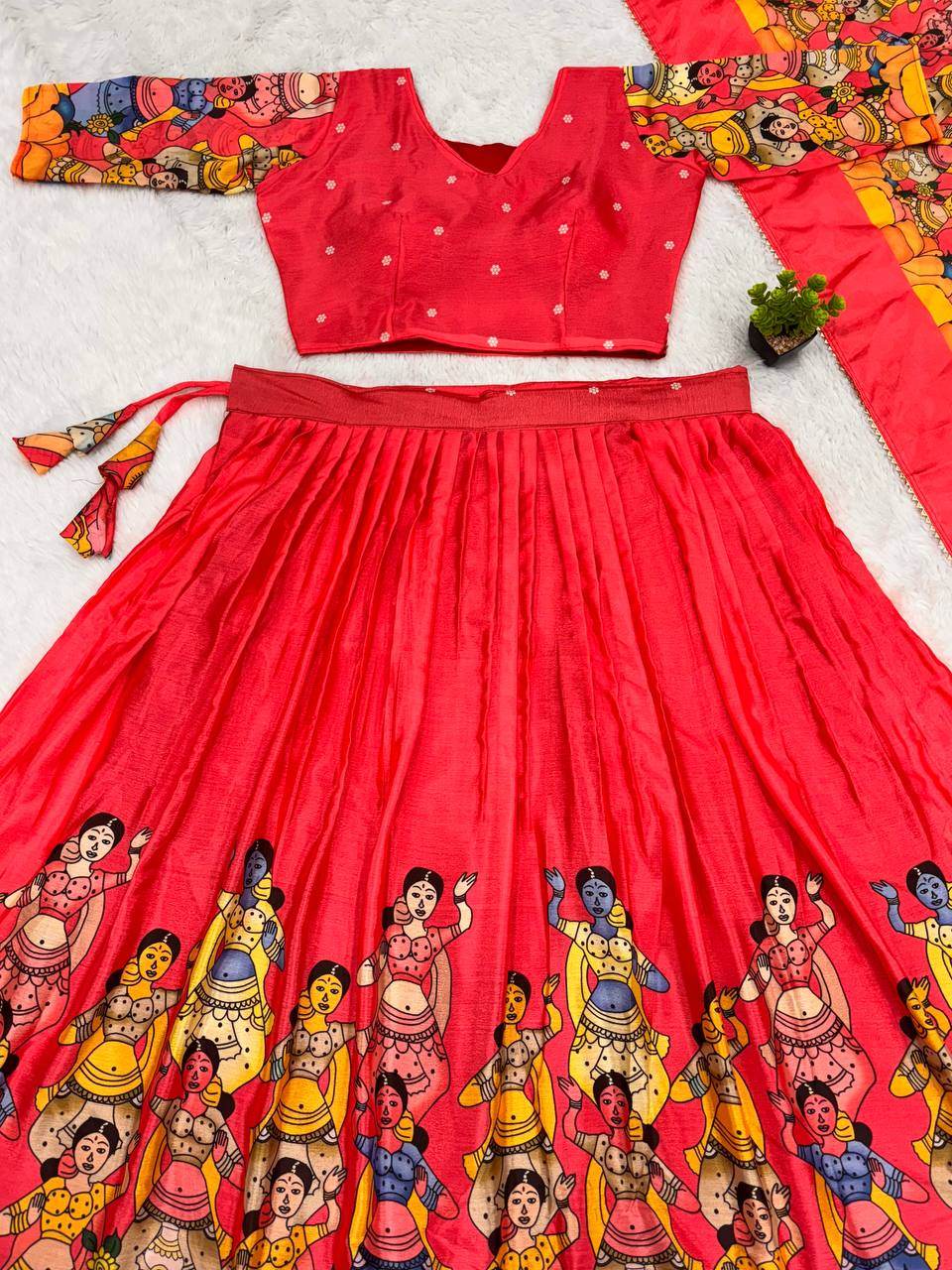Bold Red Kalamkari Lehenga Choli – Folk Dancer Print | SEEANS - SEEANS