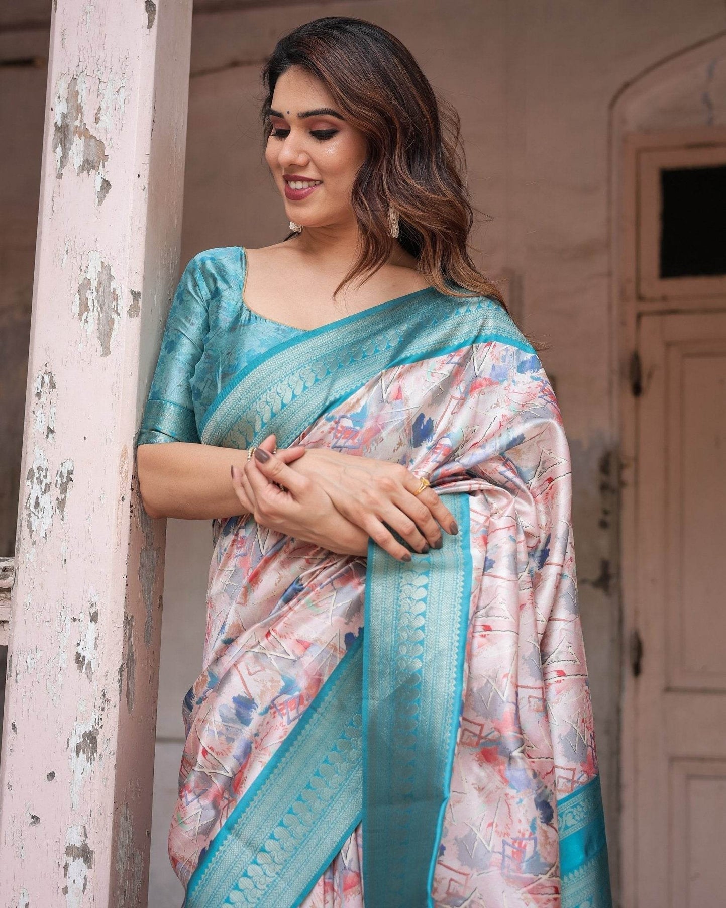 Mesmerizing Aqua Banarasi Silk Saree with Digital Print and Tassels - SEEANS