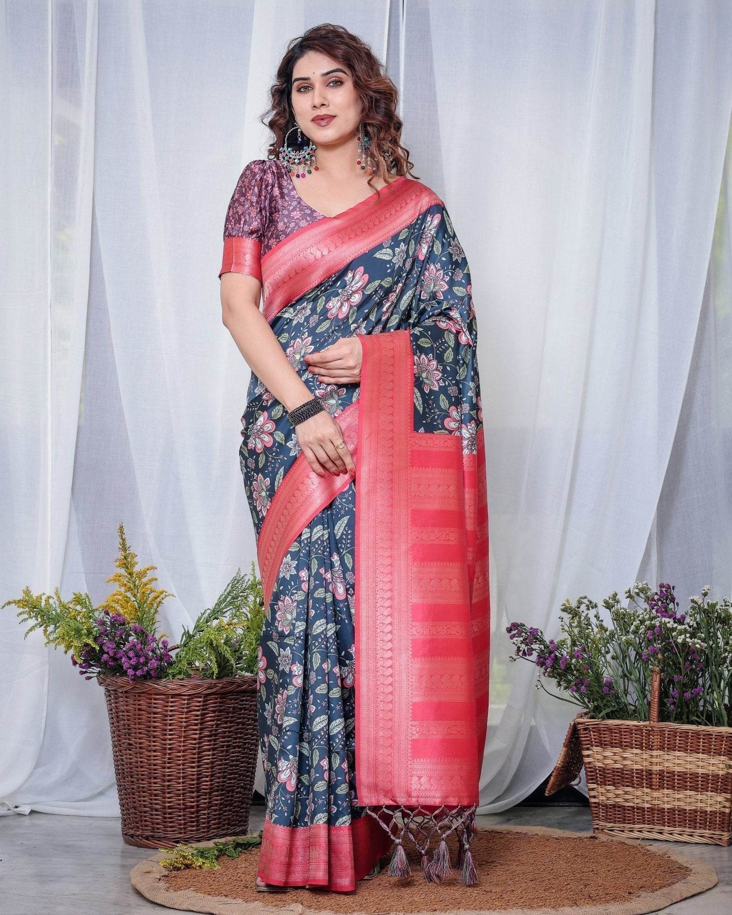 Regal Navy Blue and Pink Floral Banarasi Silk Saree with Tassels - SEEANS